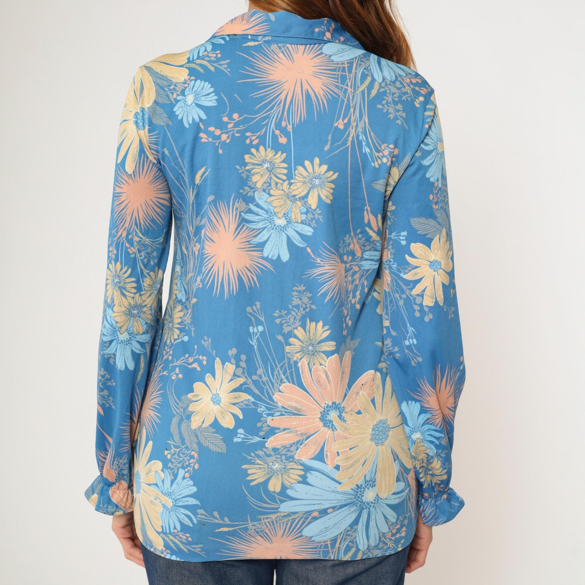 70s Floral Shirt Blue Flower Print V-Neck Pointed Collar Long Sleeve Medium