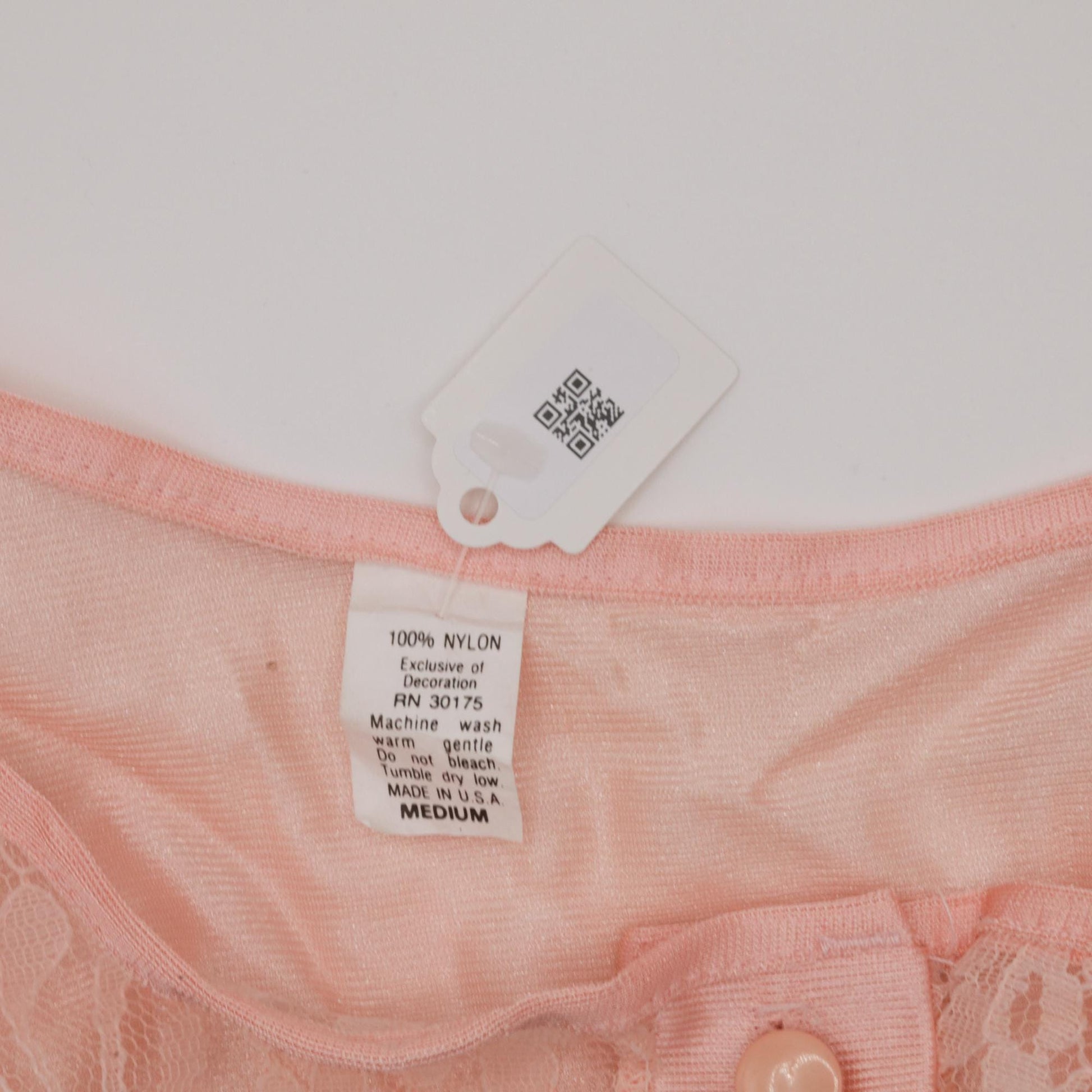 80s Baby Pink Nylon Lingerie Pajama Top Lace Button-Up Sleep Shirt Medium