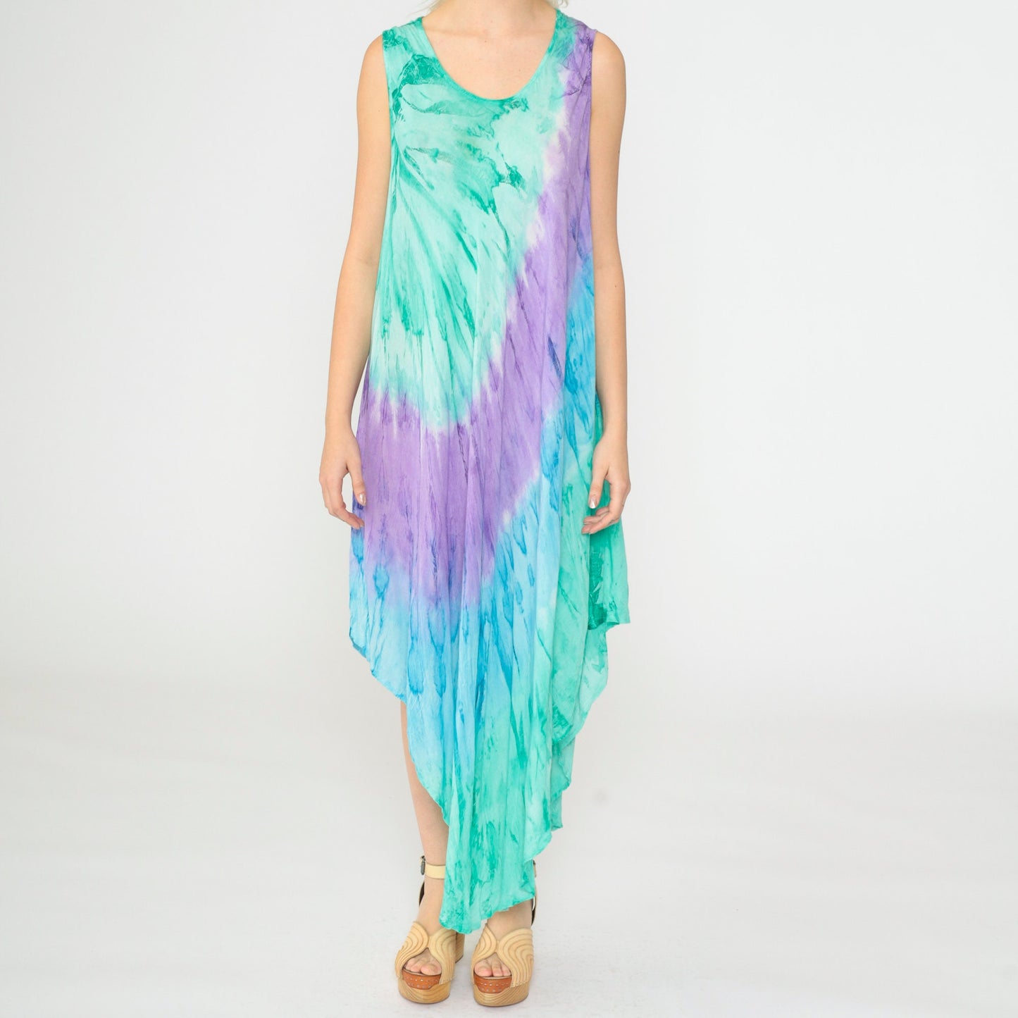 Y2K Tie-Dye Asymmetrical Sundress Sleeveless Scoop Neck Green Purple Blue XXL
