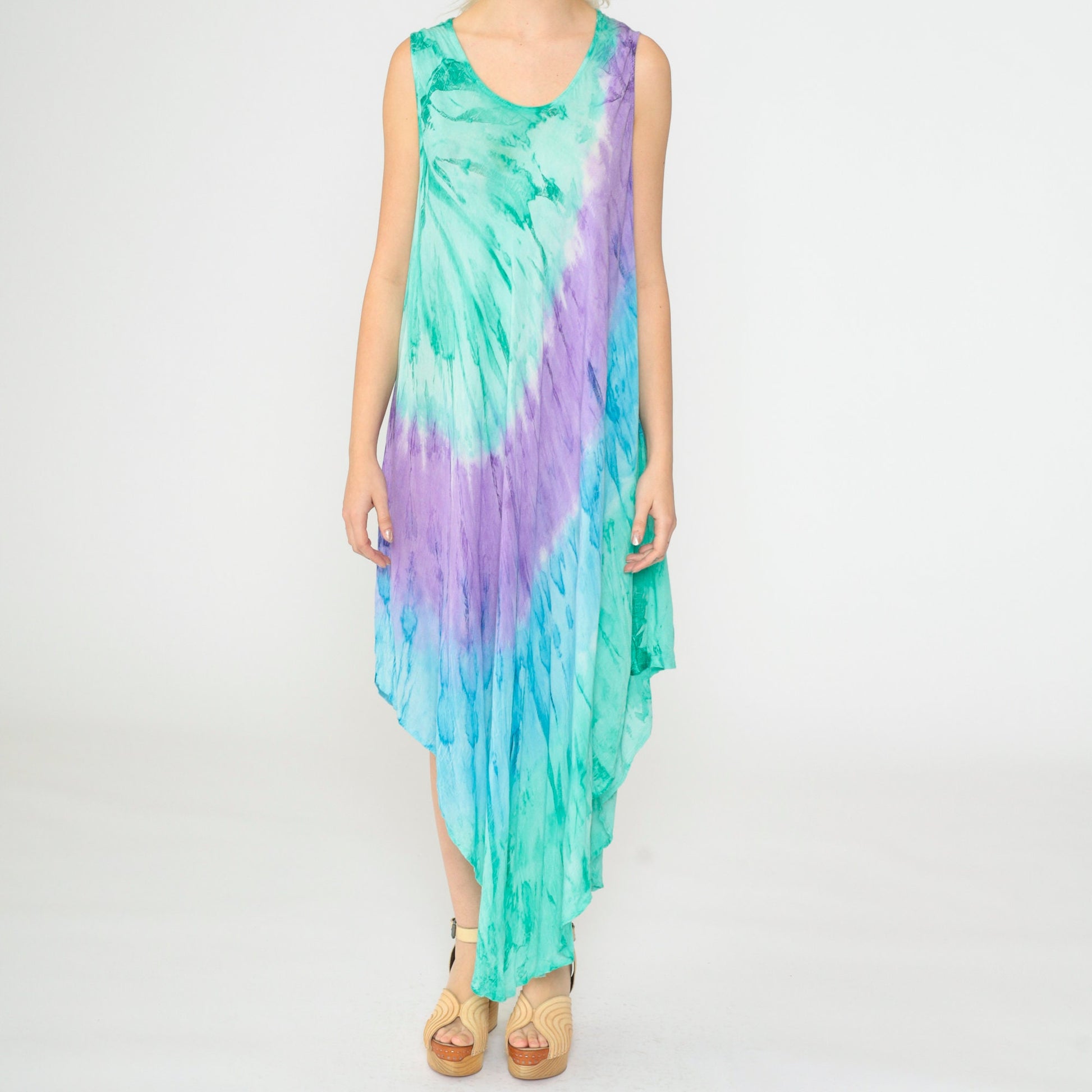 Y2K Tie-Dye Asymmetrical Sundress Sleeveless Scoop Neck Green Purple Blue XXL