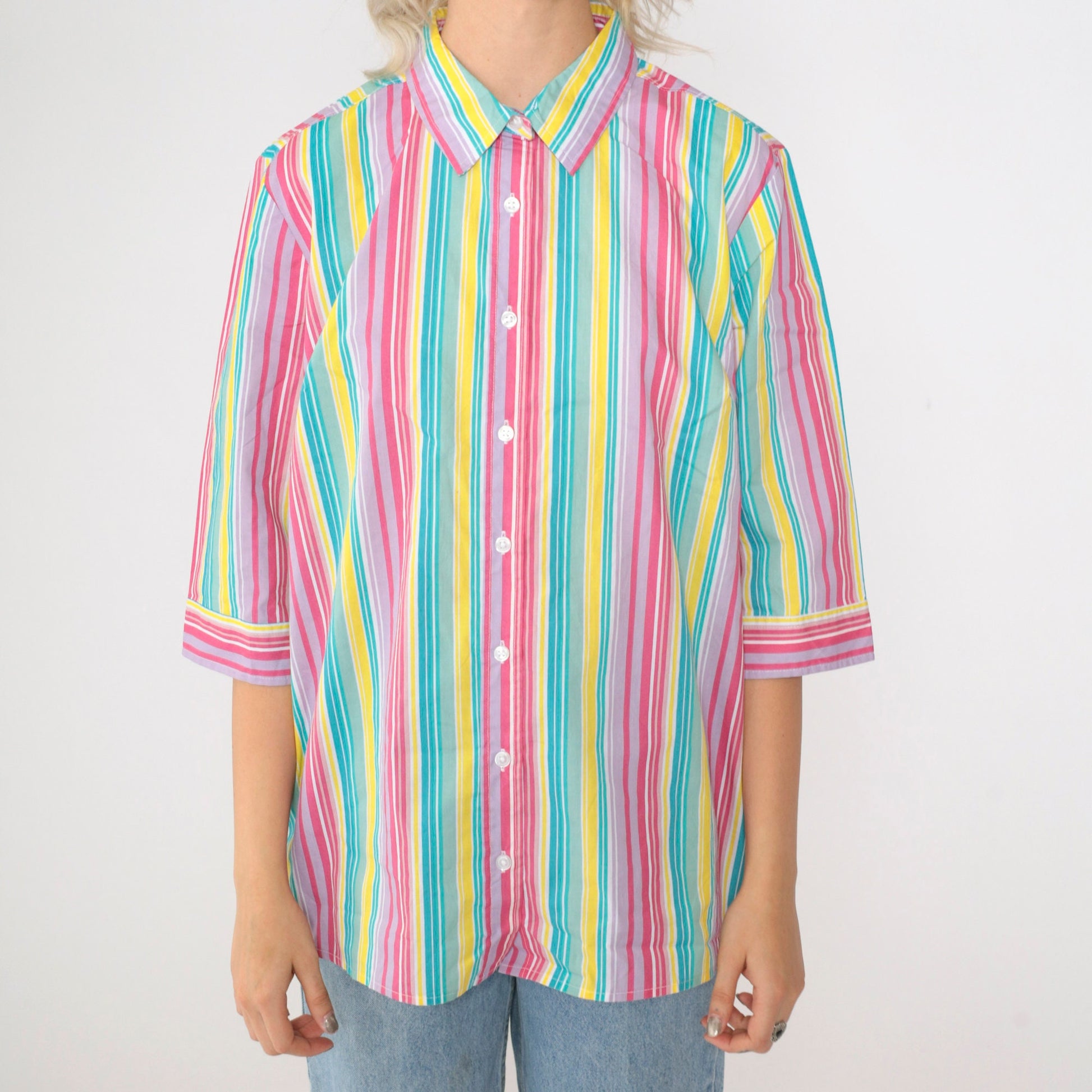 00s Striped Button Up Blouse Multicolor Rainbow Y2K Shirt Medium