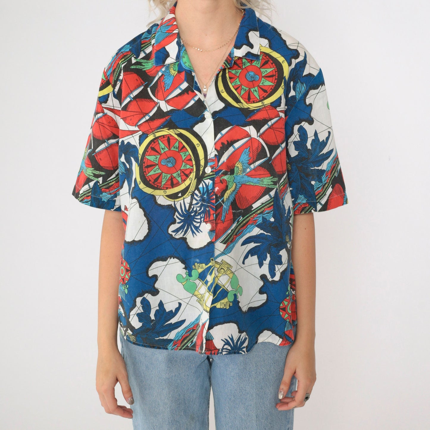 90s Nautical Print Button-Up Shirt Compass Parrot Globe Map Short Sleeve Large