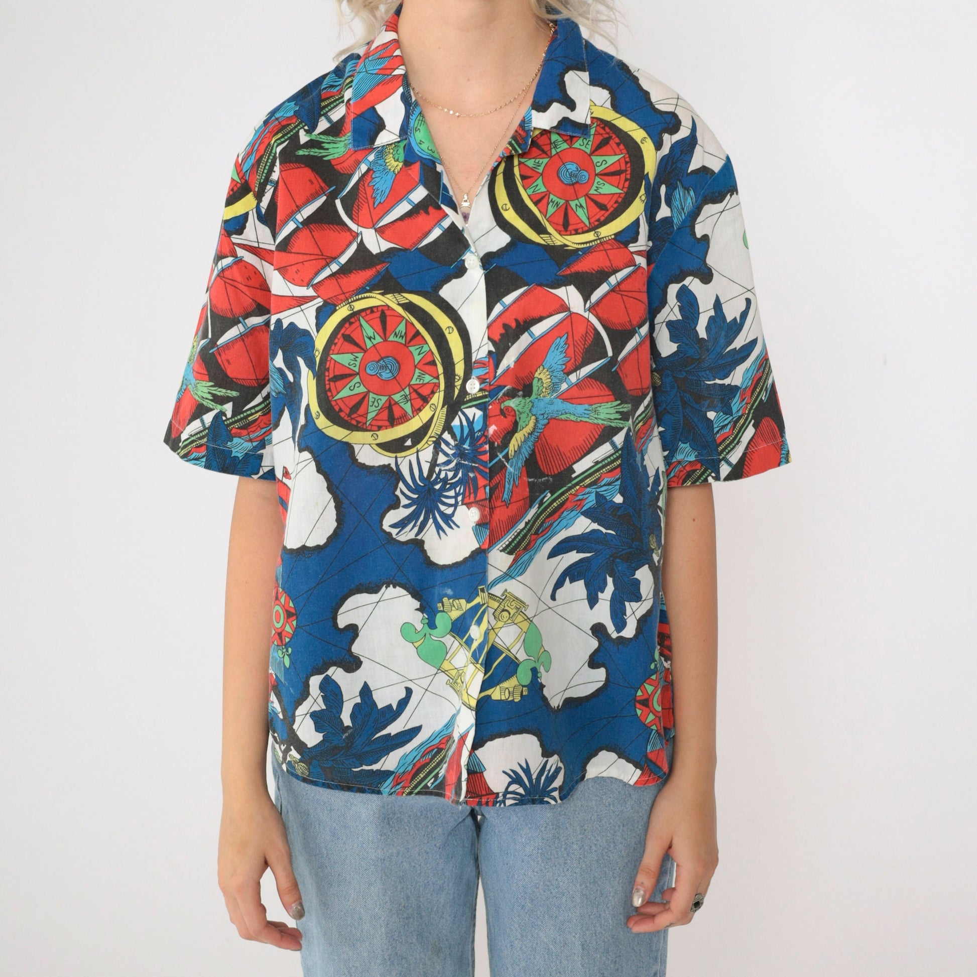 90s Nautical Print Button-Up Shirt Compass Parrot Globe Map Short Sleeve Large