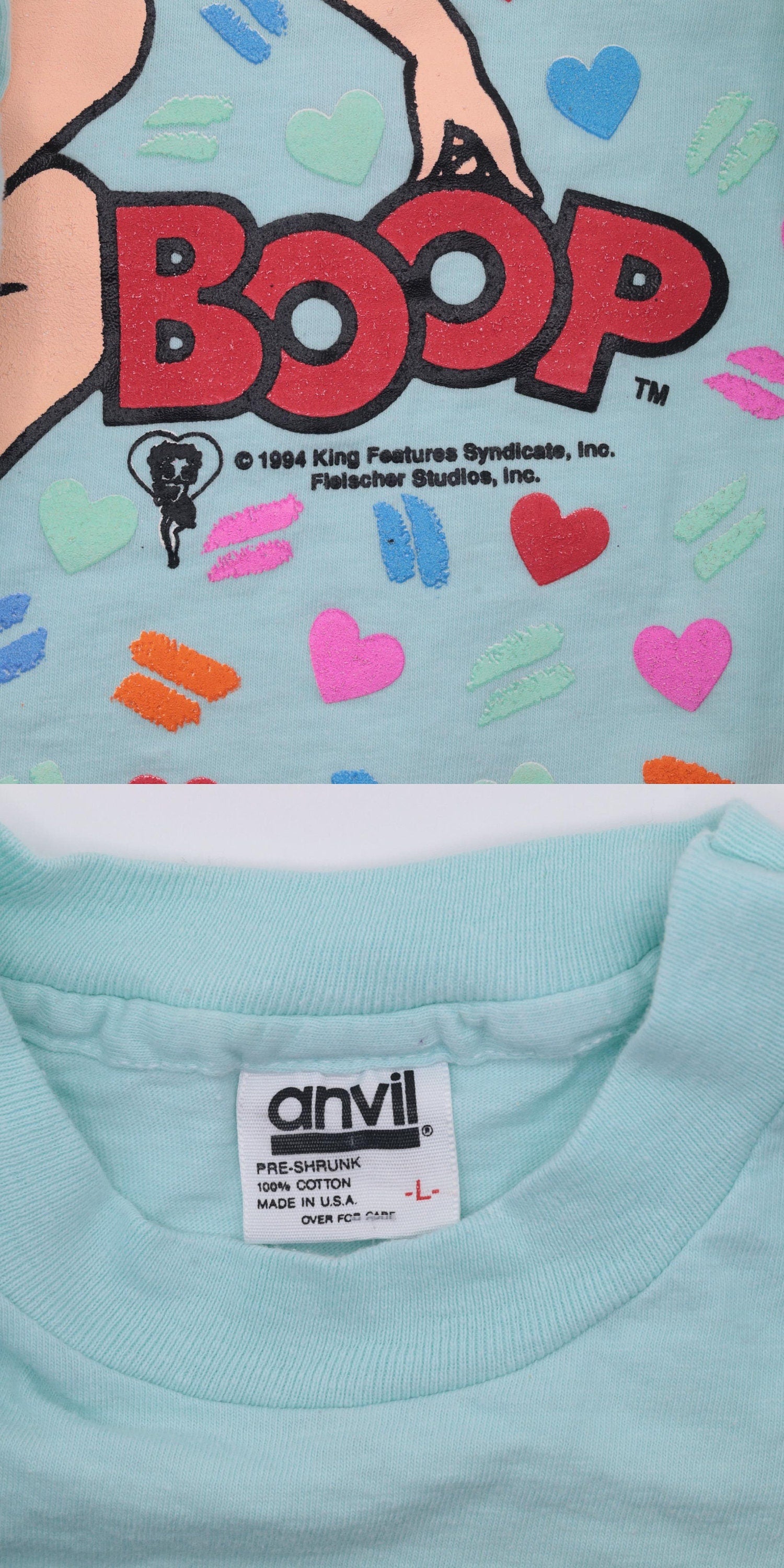 90s Betty Boop Heart Graphic T-Shirt Aqua Single Stitch Medium