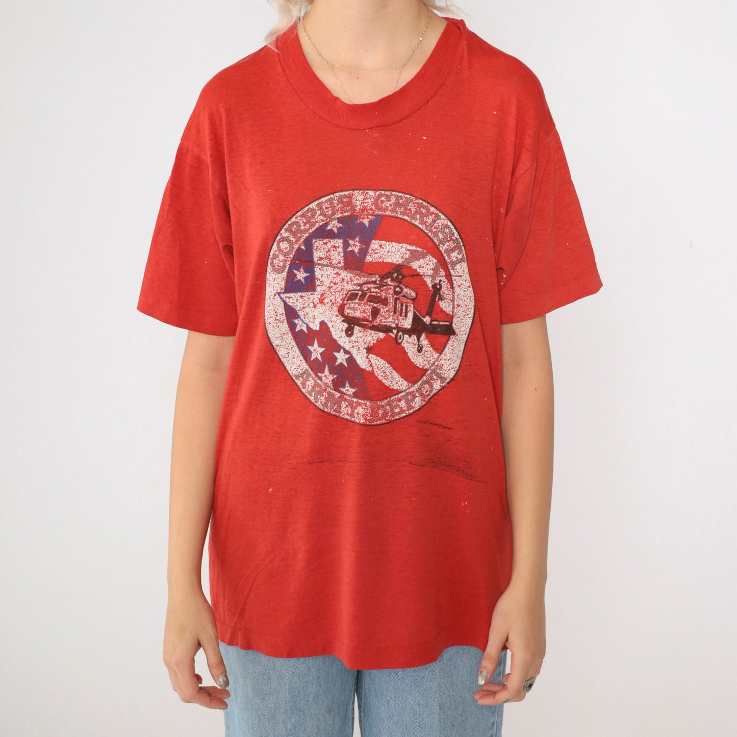 80s Corpus Christi Army Depot Helicopter Graphic T-Shirt Red Screen Stars Medium