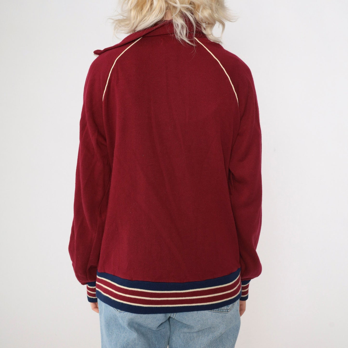 80s Burgundy Track Jacket Zip Up Sweatshirt White Striped Raglan Medium M