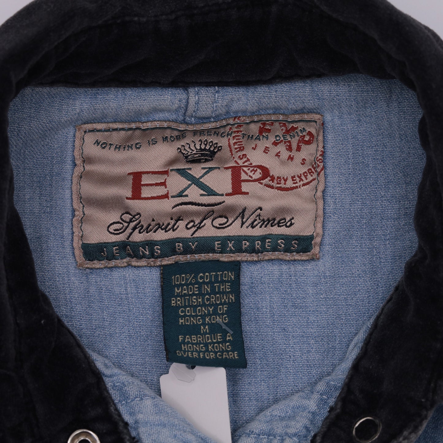 90s Express Jeans Denim Western Shirt Pearl Snap Velvet Collar Blue Small