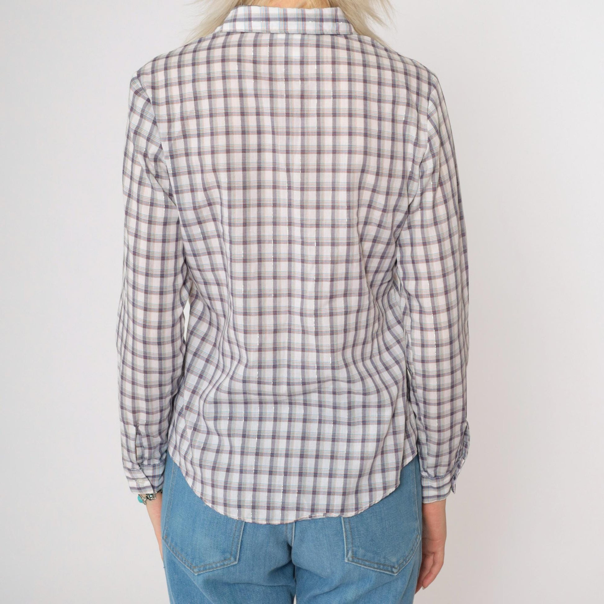 80s Metallic Plaid Button-Up Blouse Long Sleeve Shirt Extra Small XS