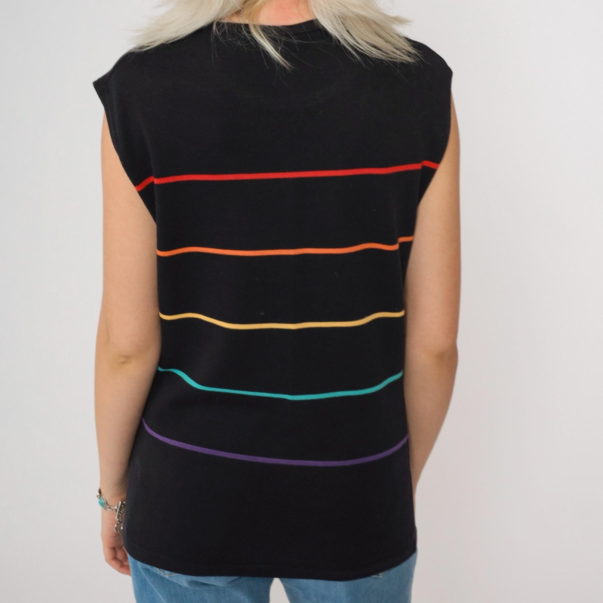 80s Runners Up Rainbow Striped Tank Top Black Muscle Shirt Small