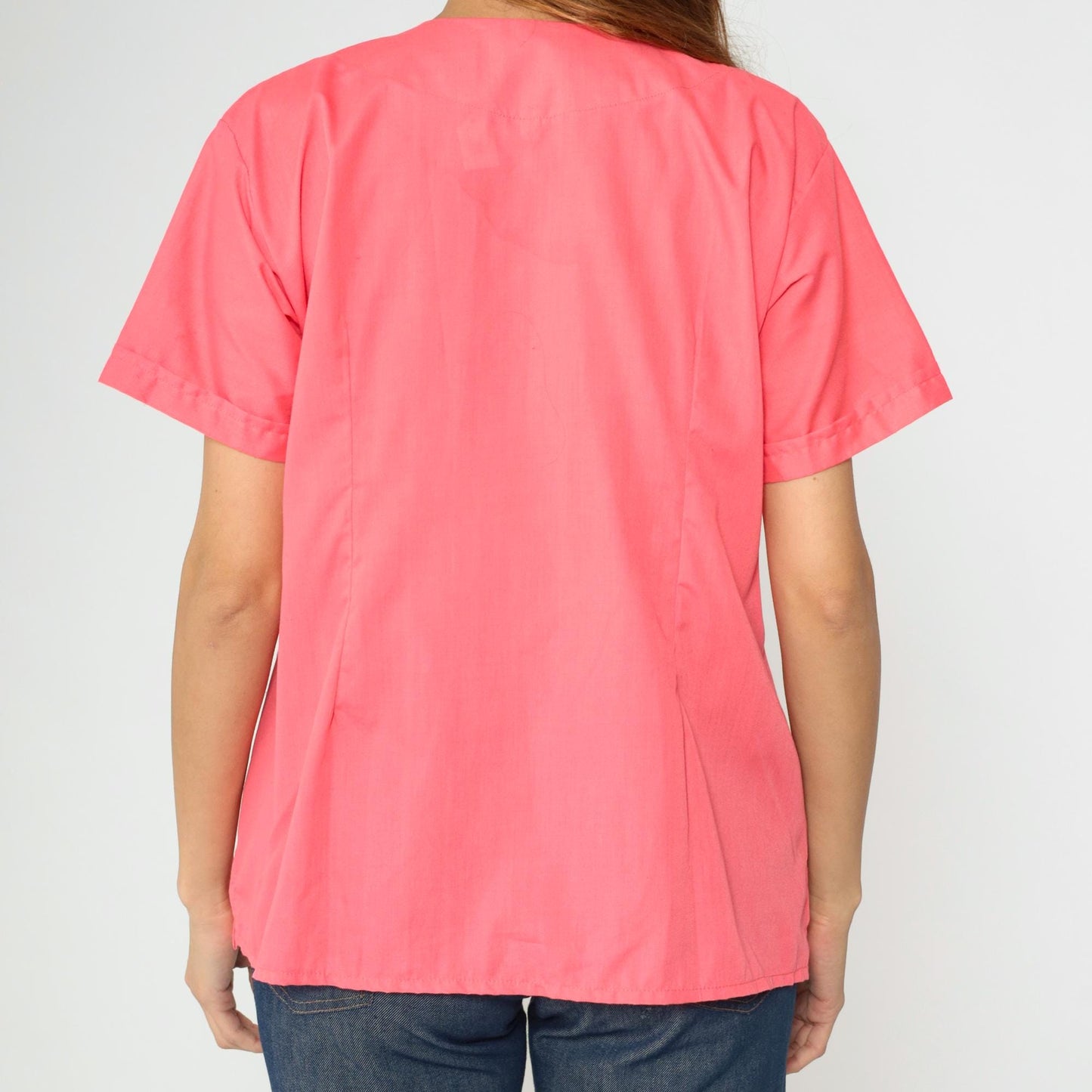90s Pink Floral Embroidered Button-Up Blouse Pintuck Short Sleeve Medium