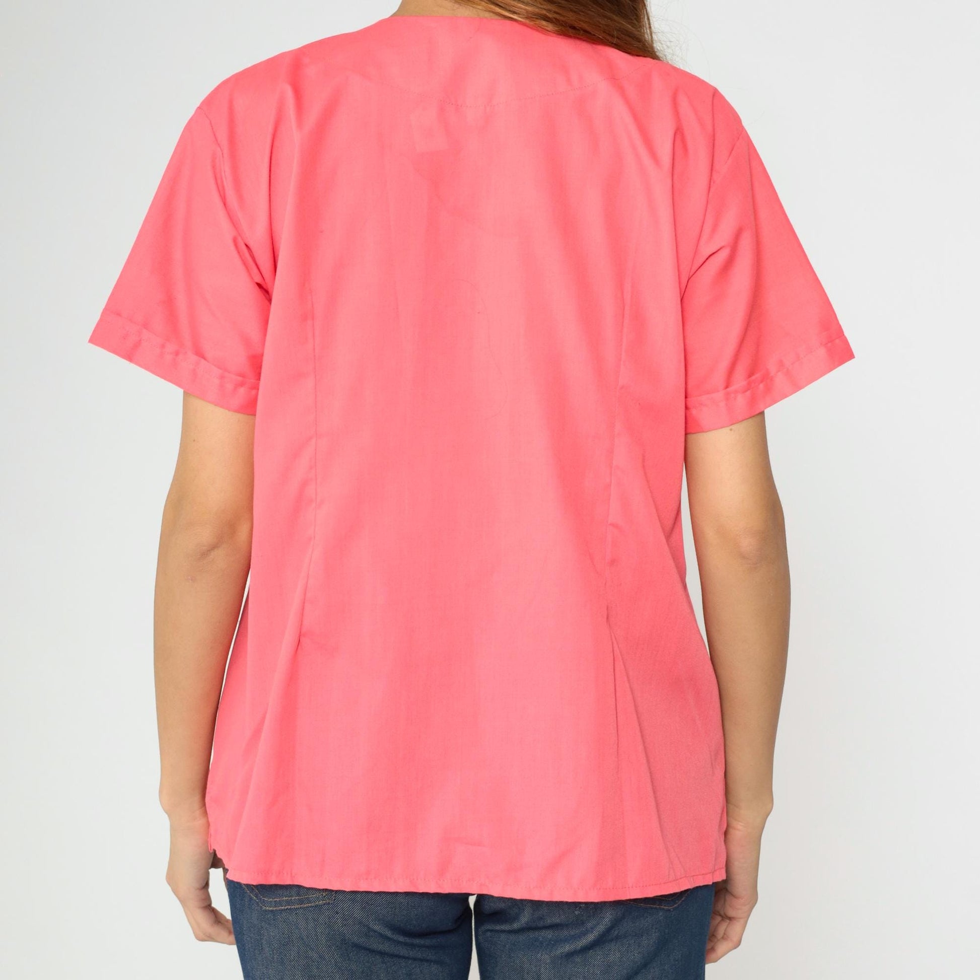 90s Pink Floral Embroidered Button-Up Blouse Pintuck Short Sleeve Medium