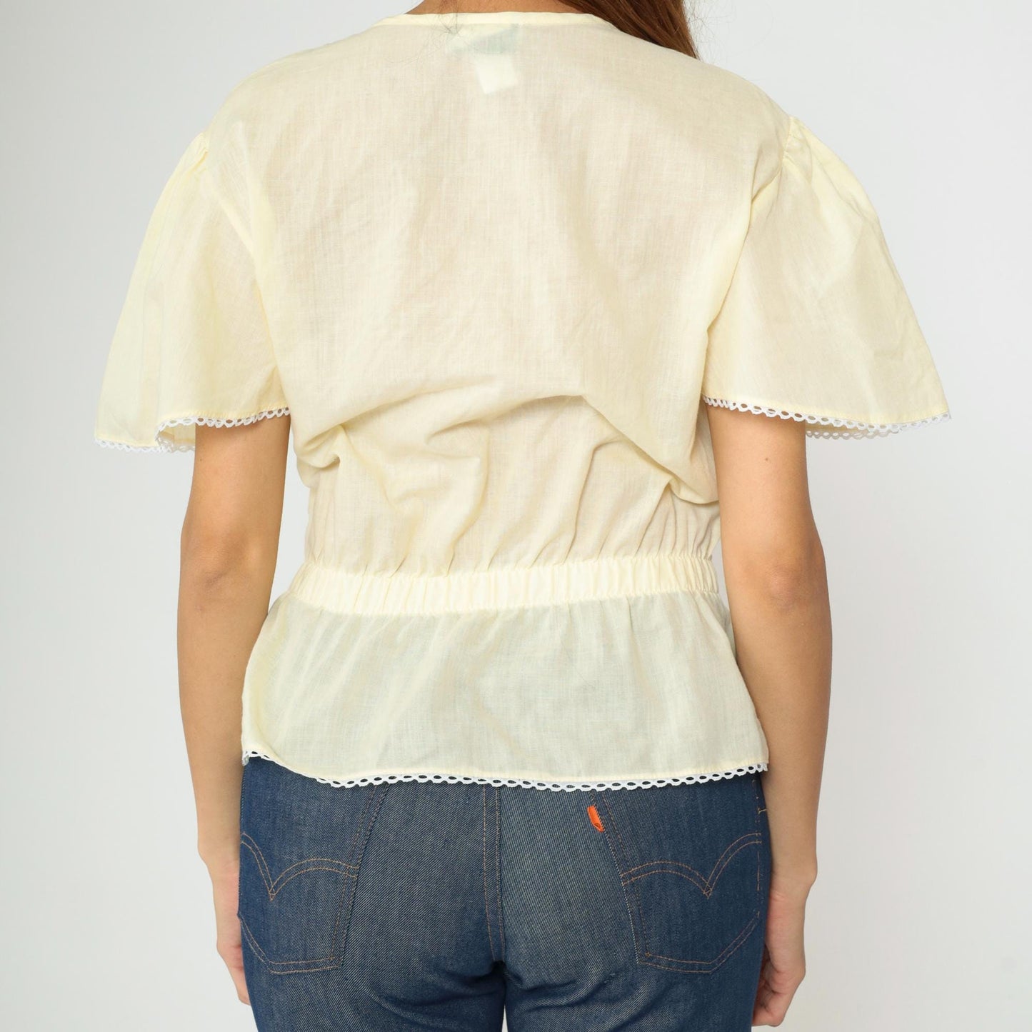80s Pastel Yellow Puff Sleeve Blouse Lace Trim Peplum Button Up Medium