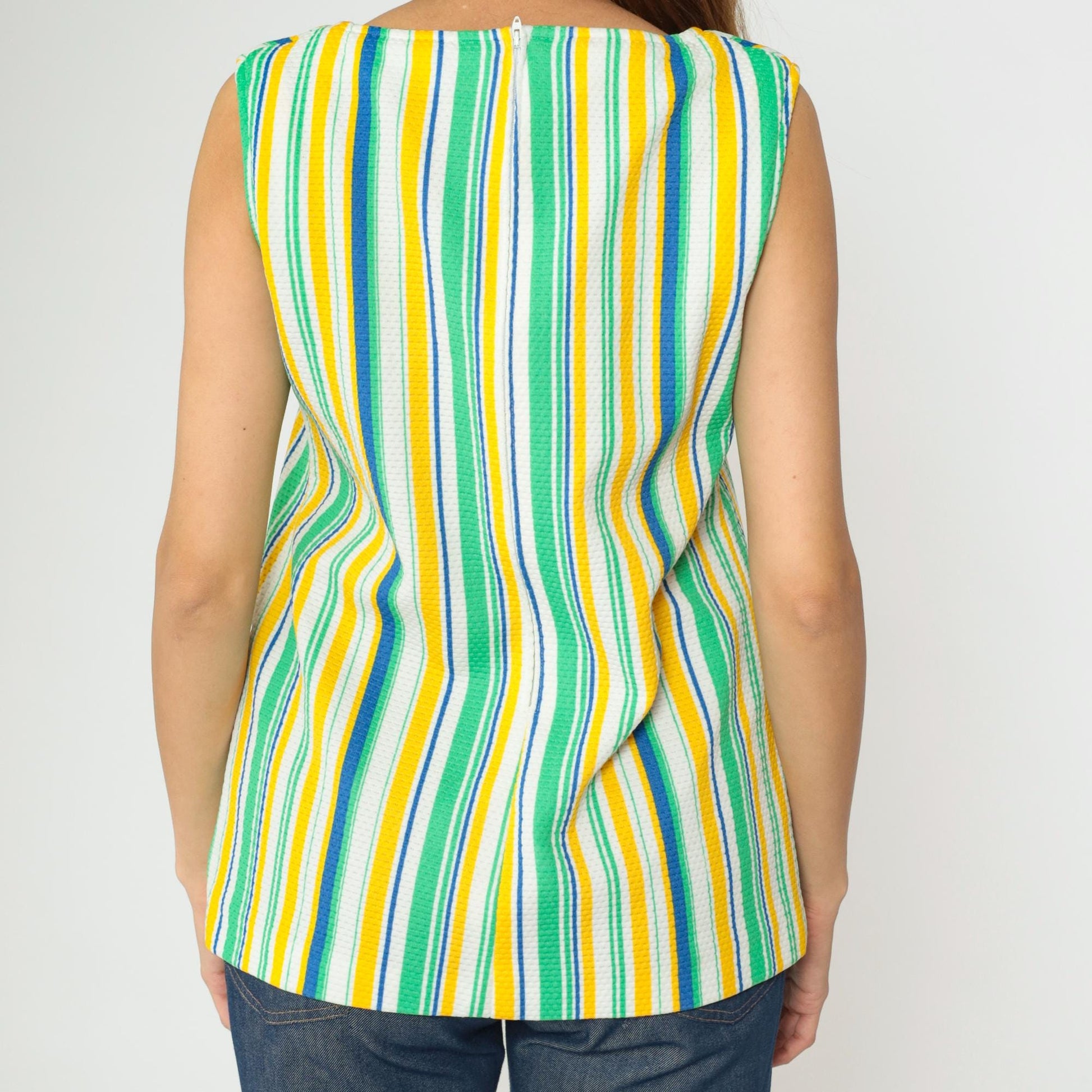 70s Striped Tank Top Scoop Neck Sleeveless Blouse Yellow Green Blue Small