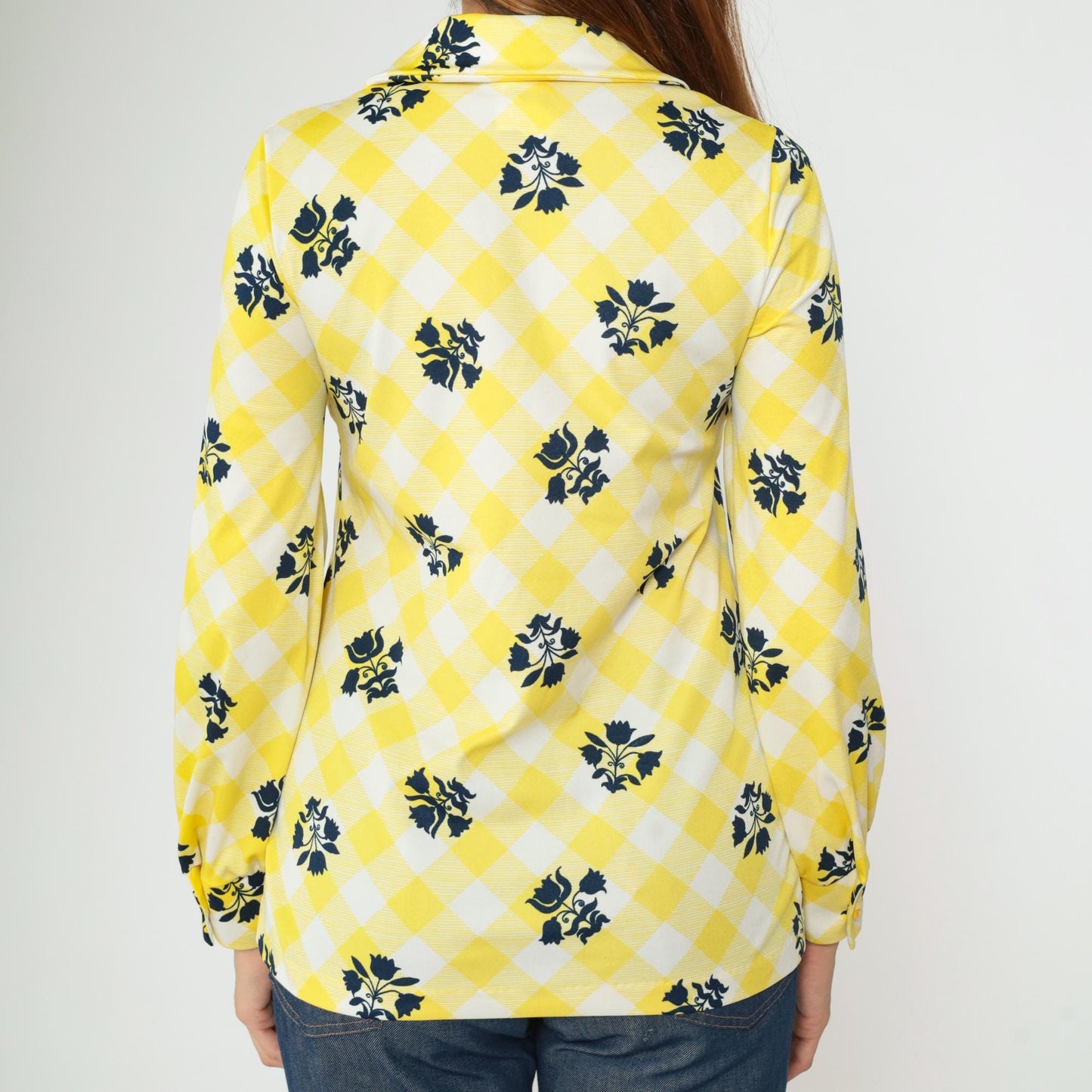 70s Checkered Floral Yellow Button-Up Blouse Long Sleeve Collared Shirt Small