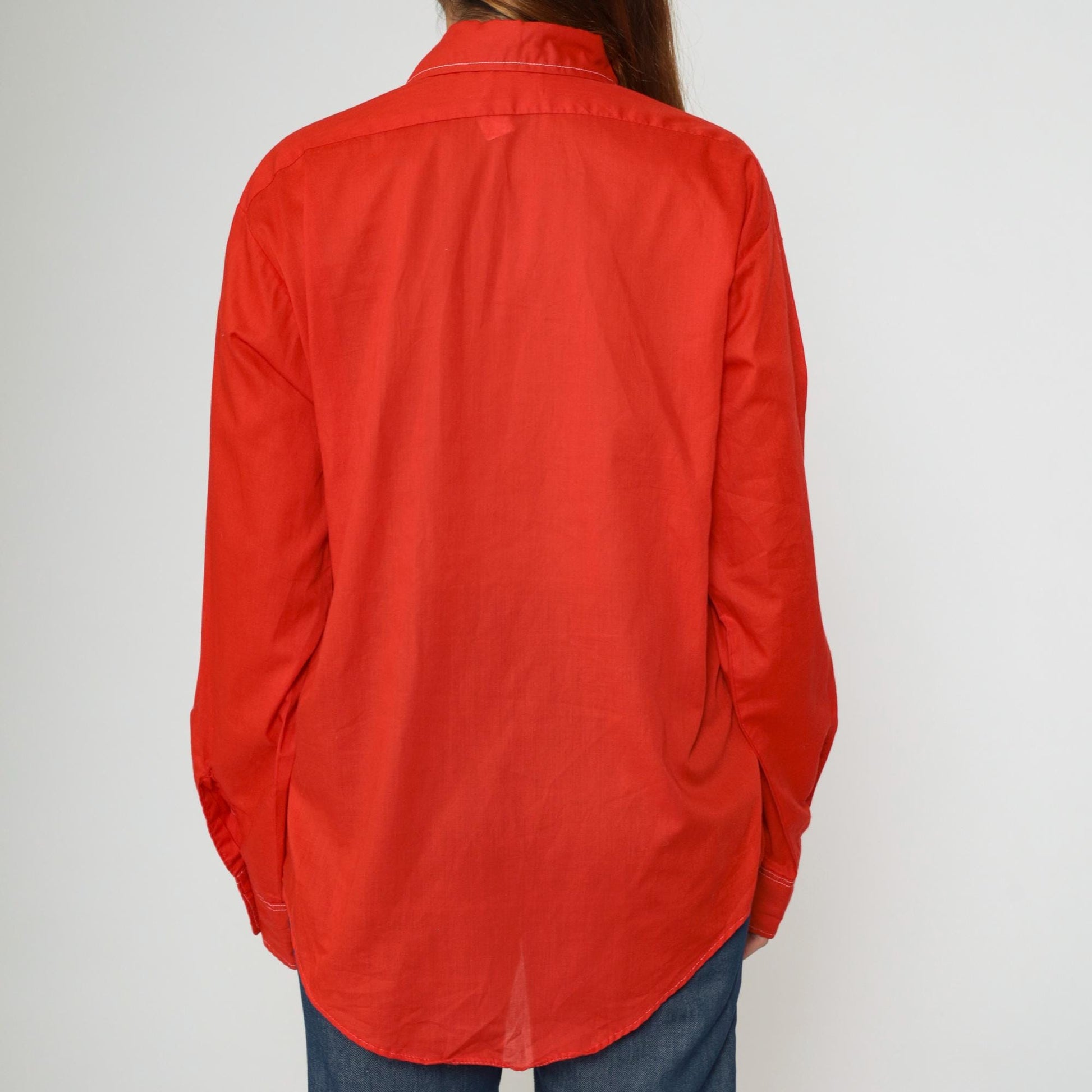 70s Van Cort Western Shirt Red Dagger Collar Topstitch Button Up Large