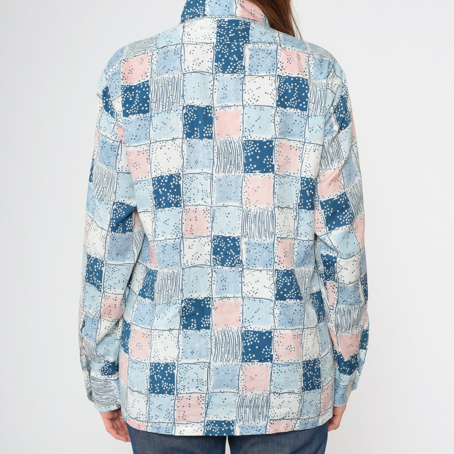 70s Checkered Button-Up Shirt Pink Blue Dagger Collar Long Sleeve Men's Medium