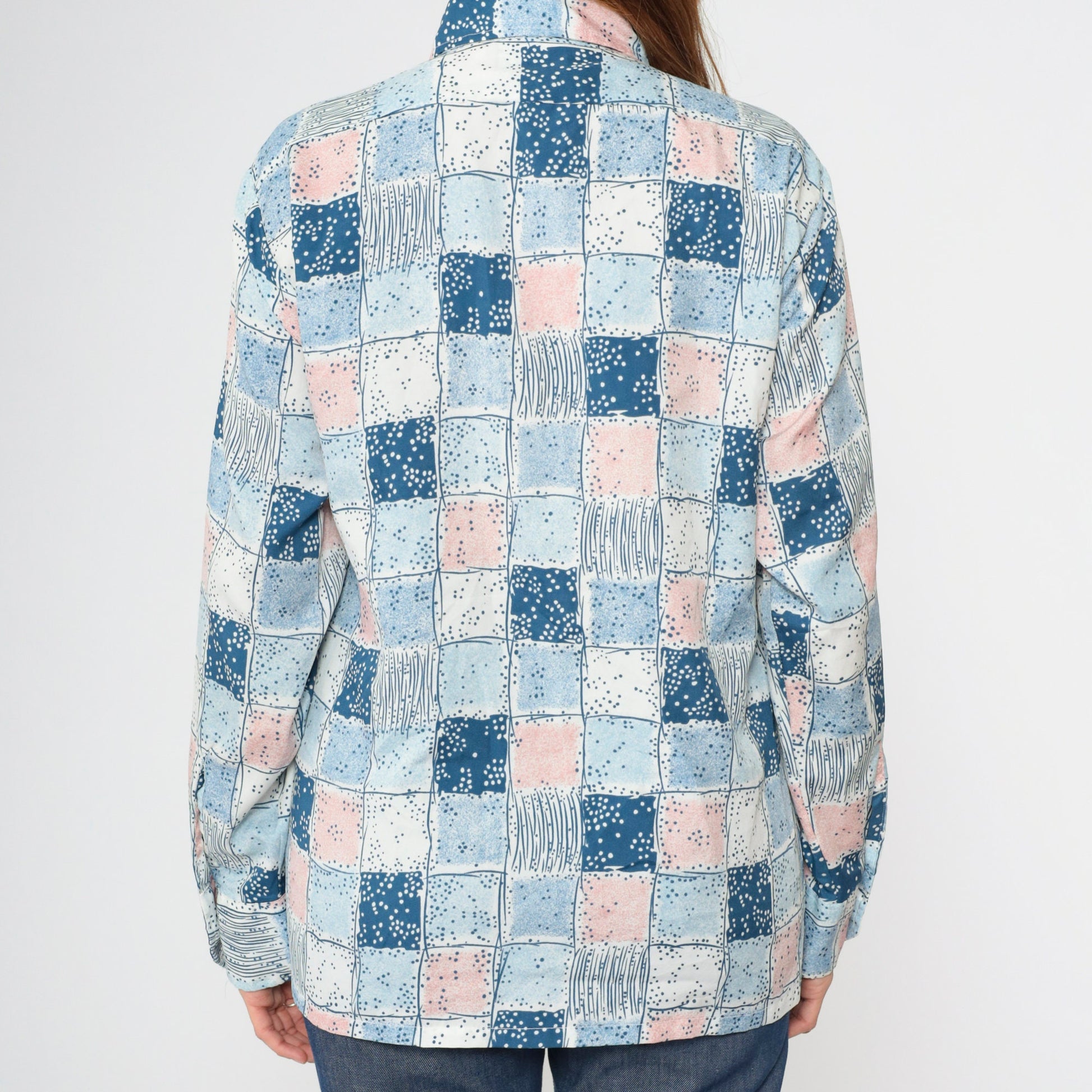 70s Checkered Button-Up Shirt Pink Blue Dagger Collar Long Sleeve Men's Medium