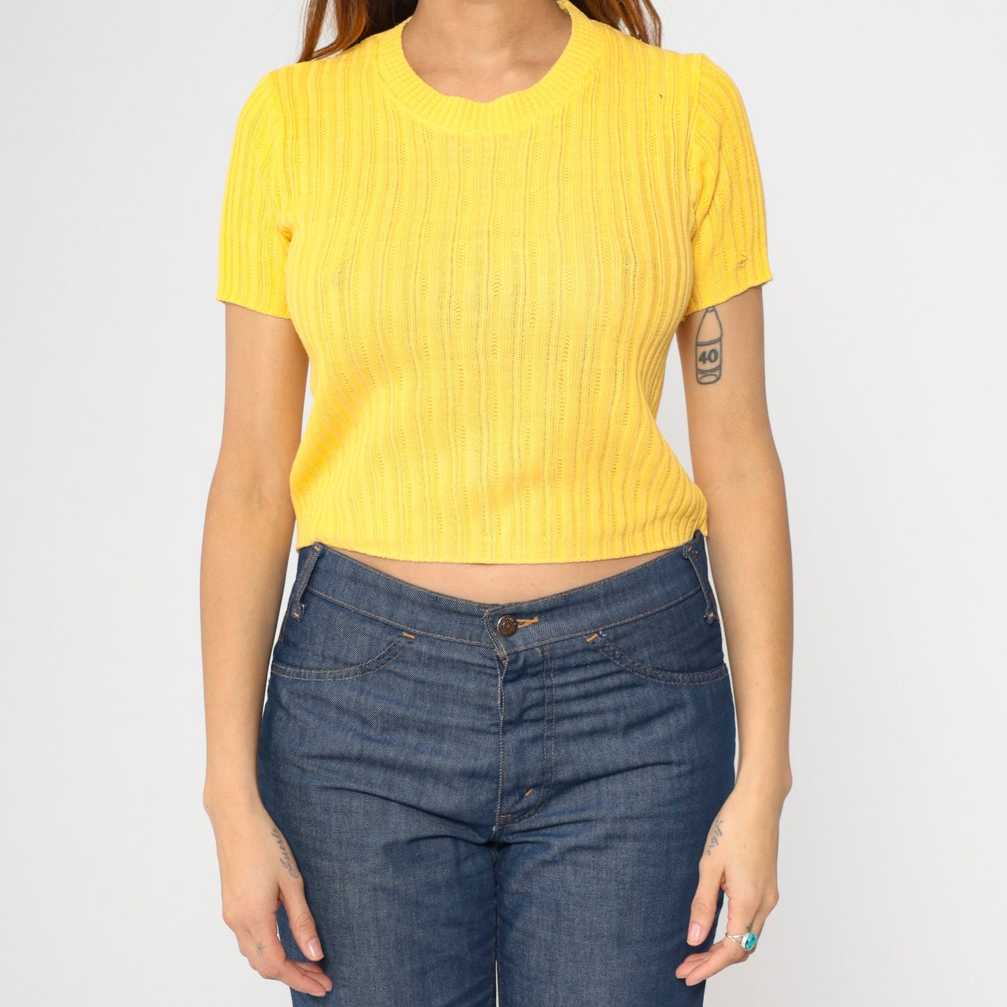 90s Yellow Cropped Ribbed Knit Sweater Short Sleeve Small S