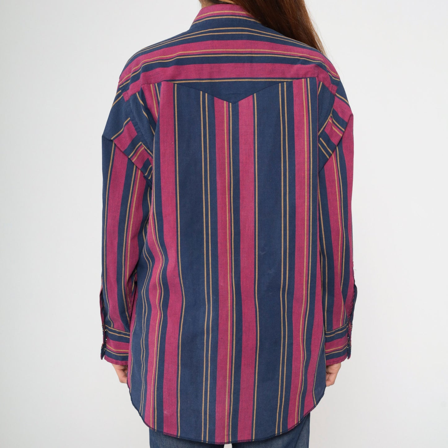 80s Rustler Western Shirt Pearl Snap Blue Fuchsia Striped X-Long Tails Extra Large