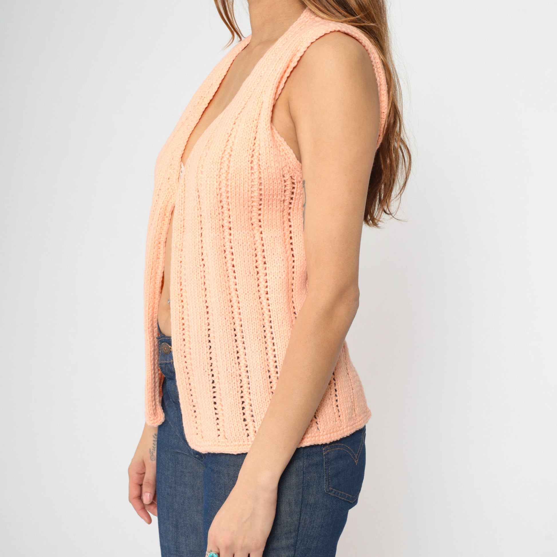70s Peach Knit Vest Open Front Openwork Sleeveless Top Small