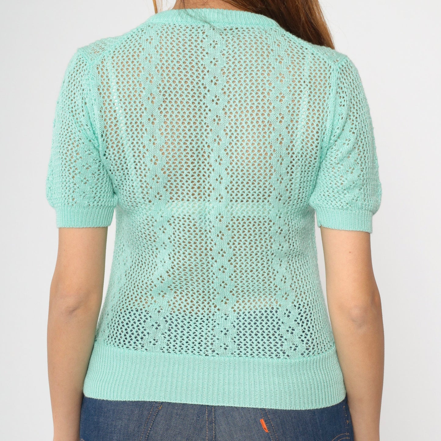 80s Aqua Open Weave Knit Sweater Top V-Neck Short Sleeve Extra Small