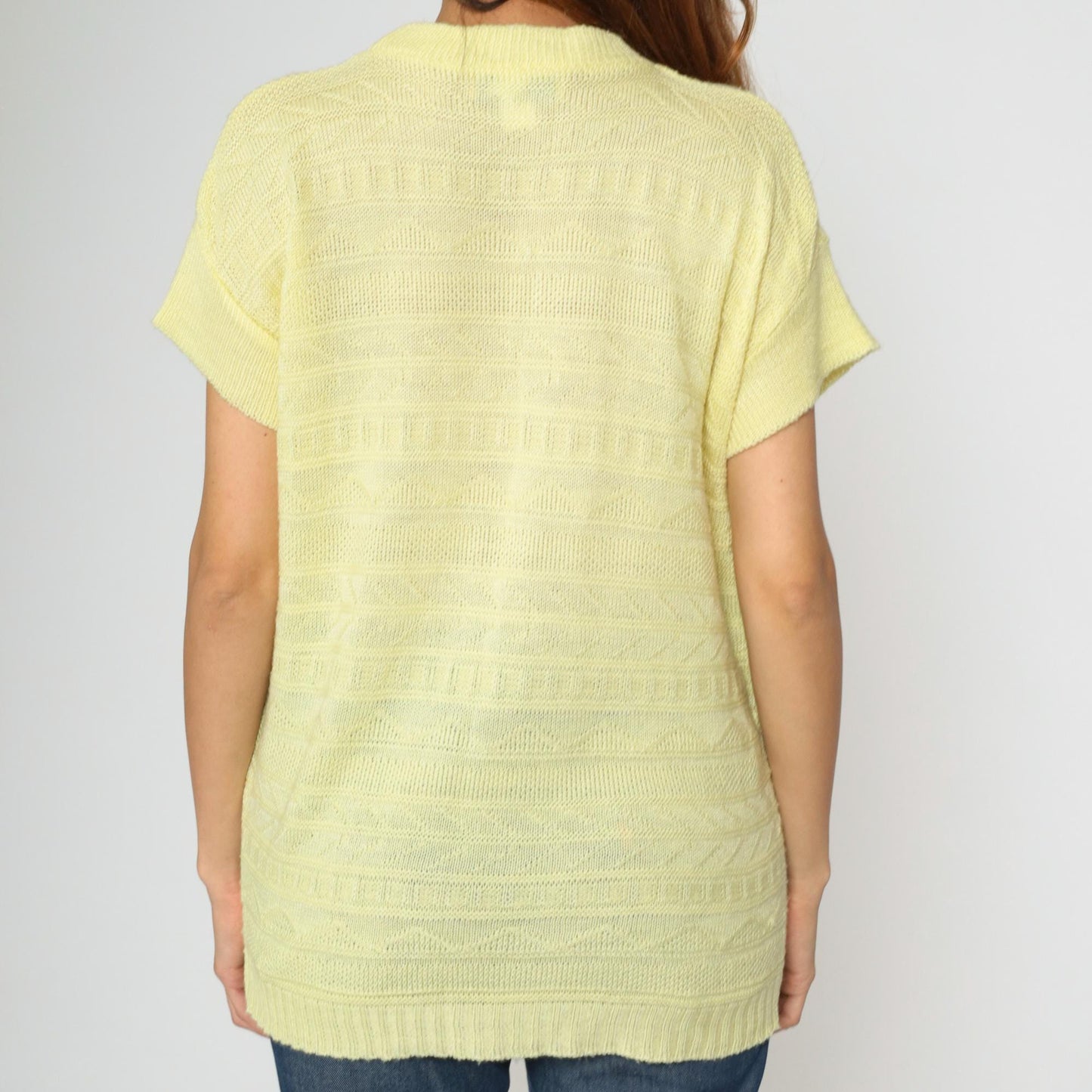 80s Light Yellow Textured Knit Short Sleeve Sweater Striped Zig Zag Medium