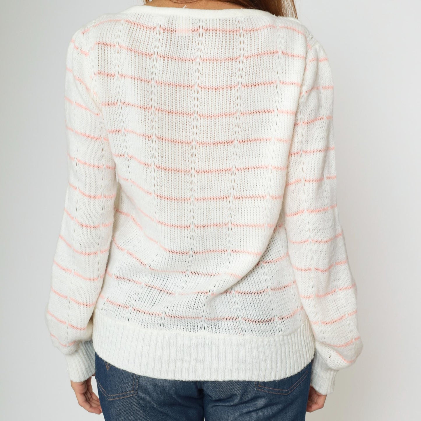 80s White Pink Striped Puff Sleeve Knit Sweater Boatneck Pullover Small Medium