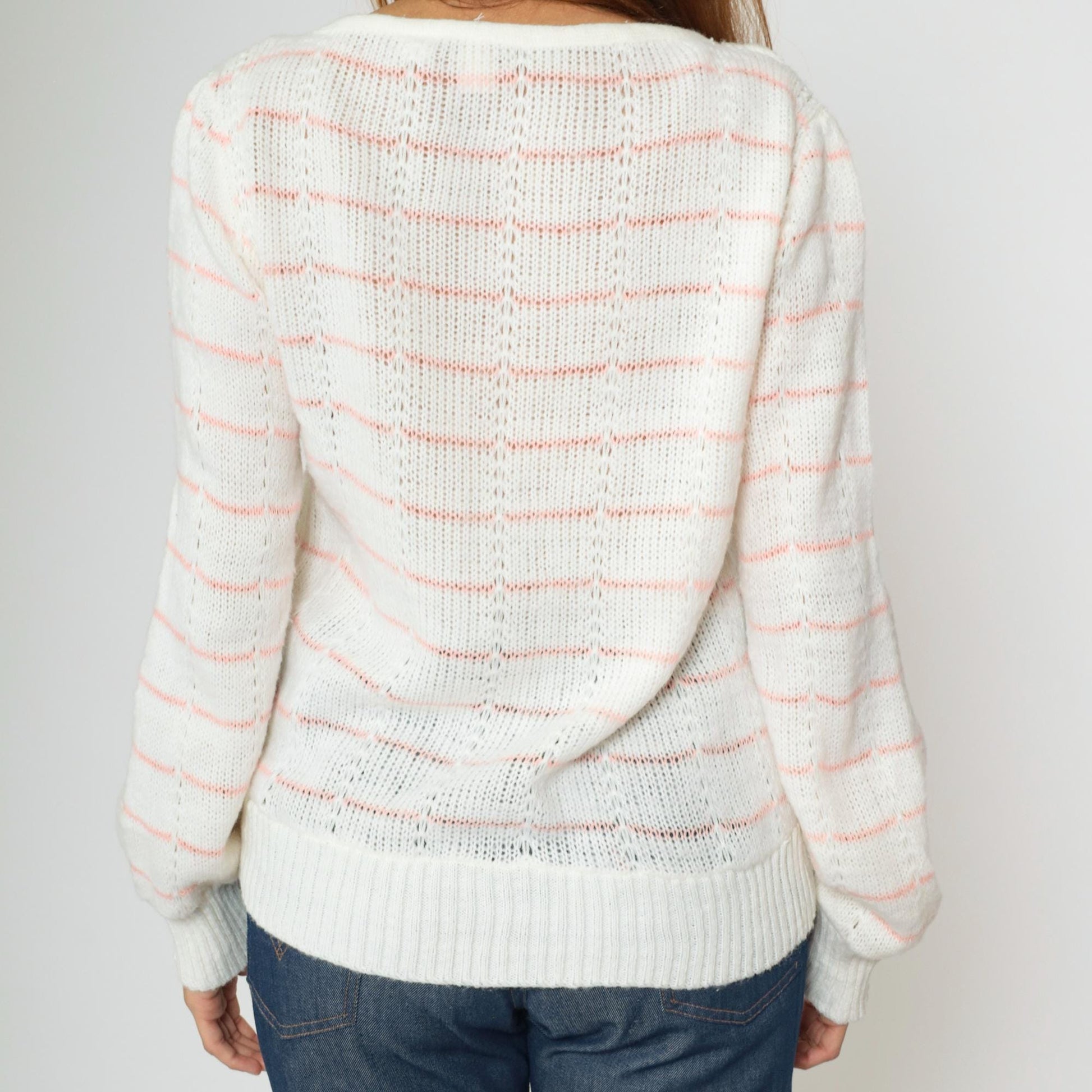80s White Pink Striped Puff Sleeve Knit Sweater Boatneck Pullover Small Medium