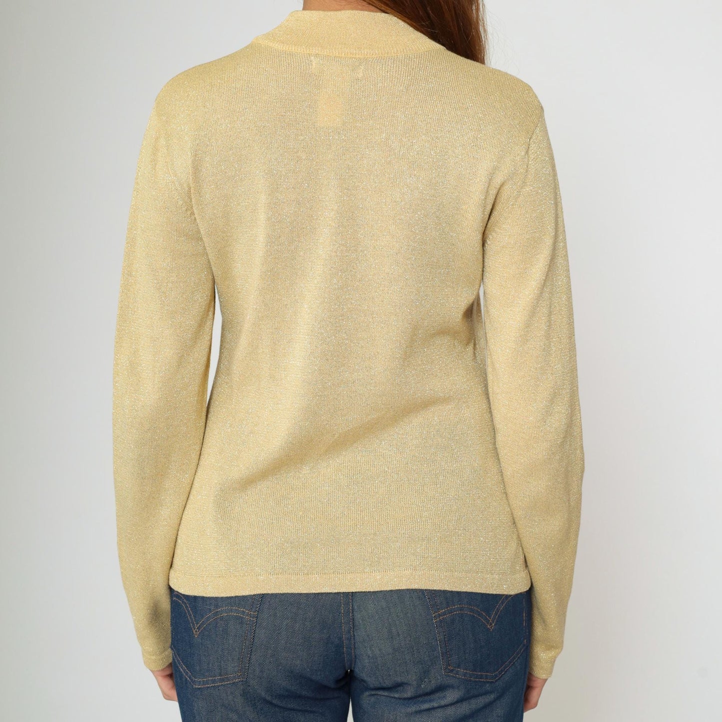 90s Metallic Gold Mock Neck Sweater Sparkly Knit Pullover Medium