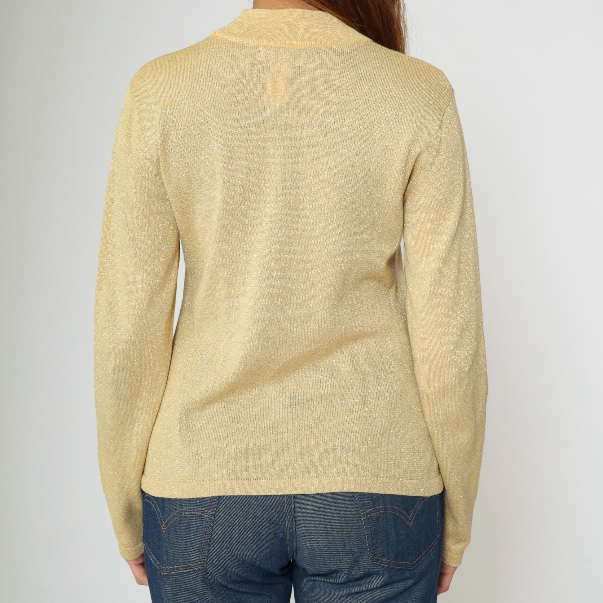 90s Metallic Gold Mock Neck Sweater Sparkly Knit Pullover Medium