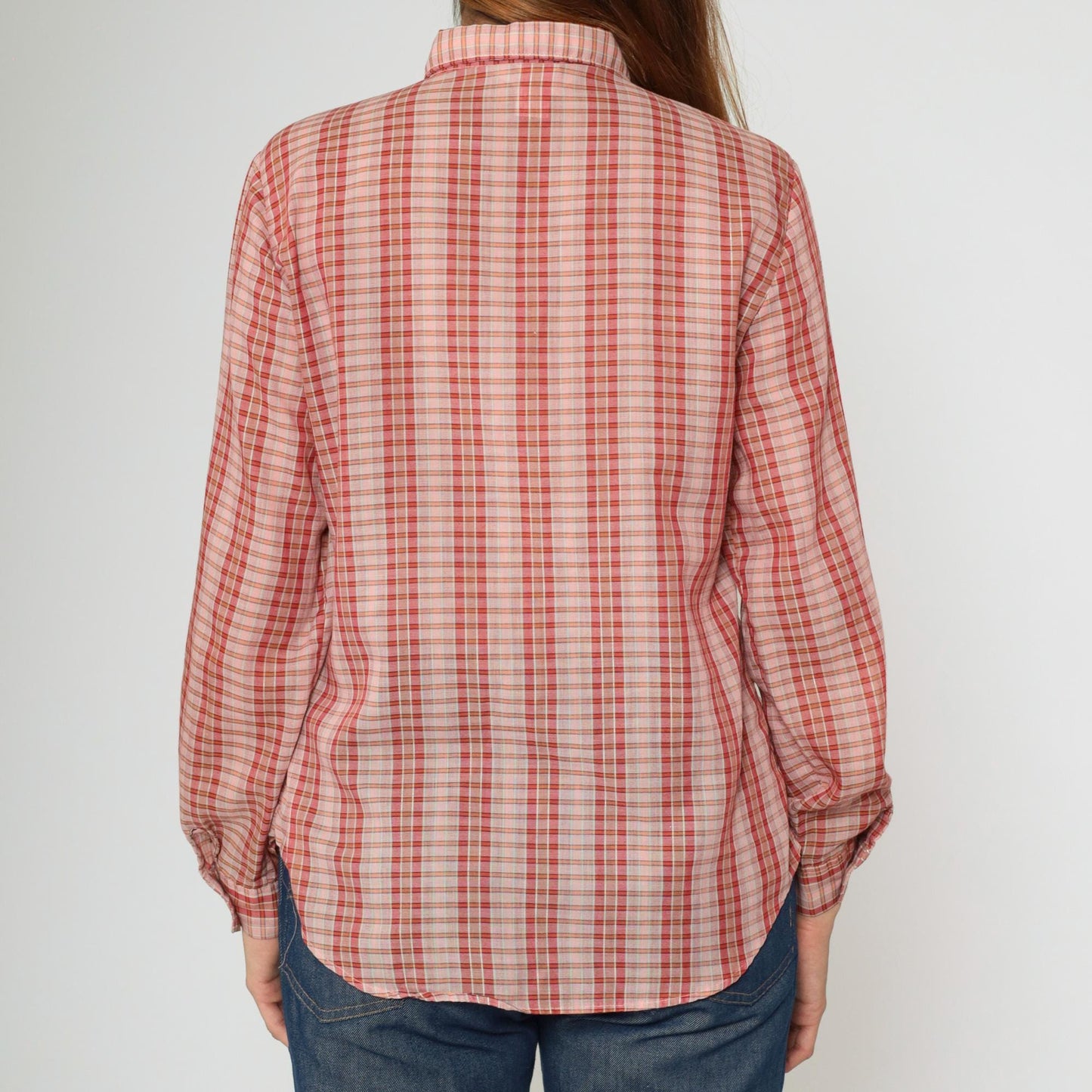 70s Pink Checkered Button-Up Blouse Long Sleeve Collar Sears Medium