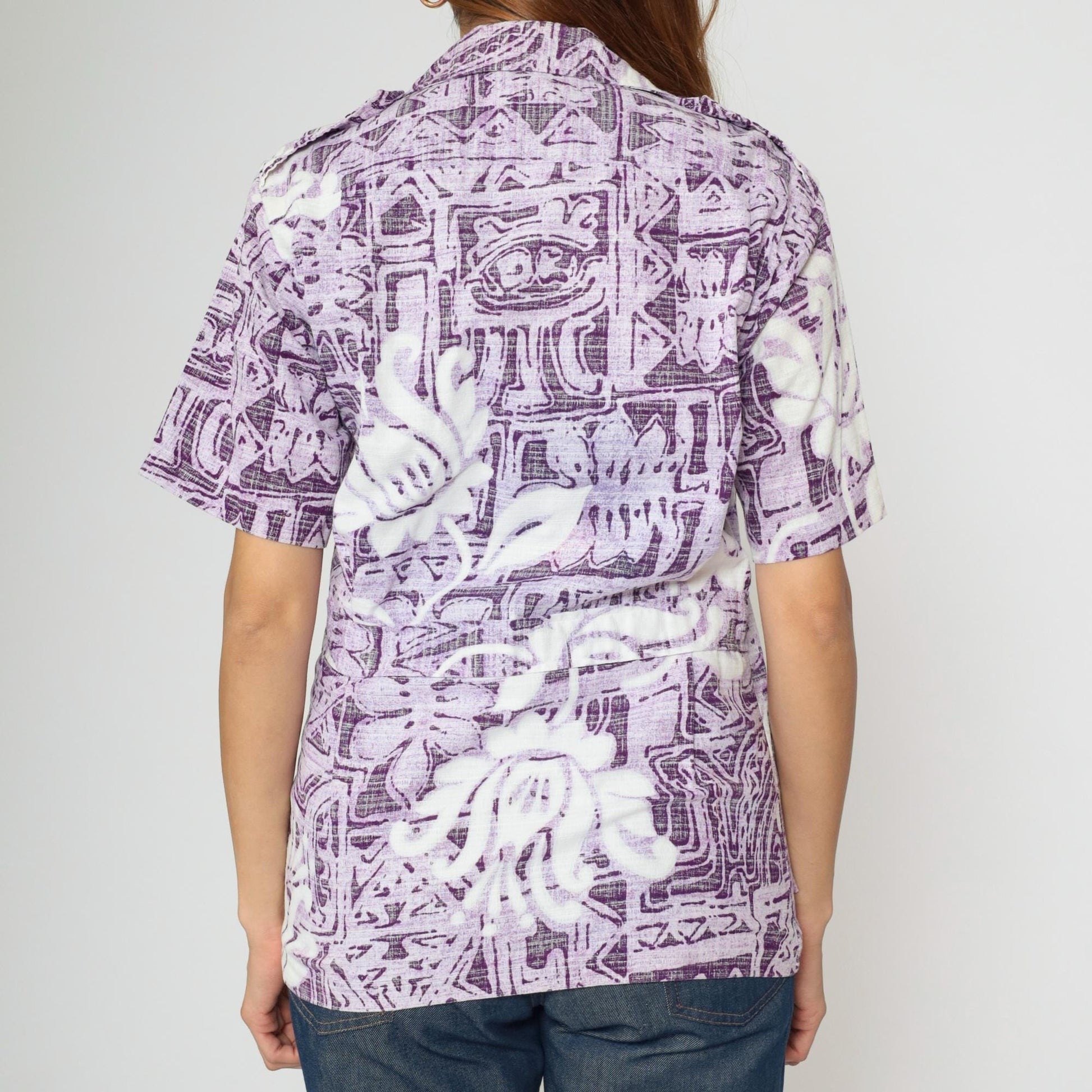 70s Rai Dani Hawaii Purple Floral Geometric Button-Up Shirt Extra Small