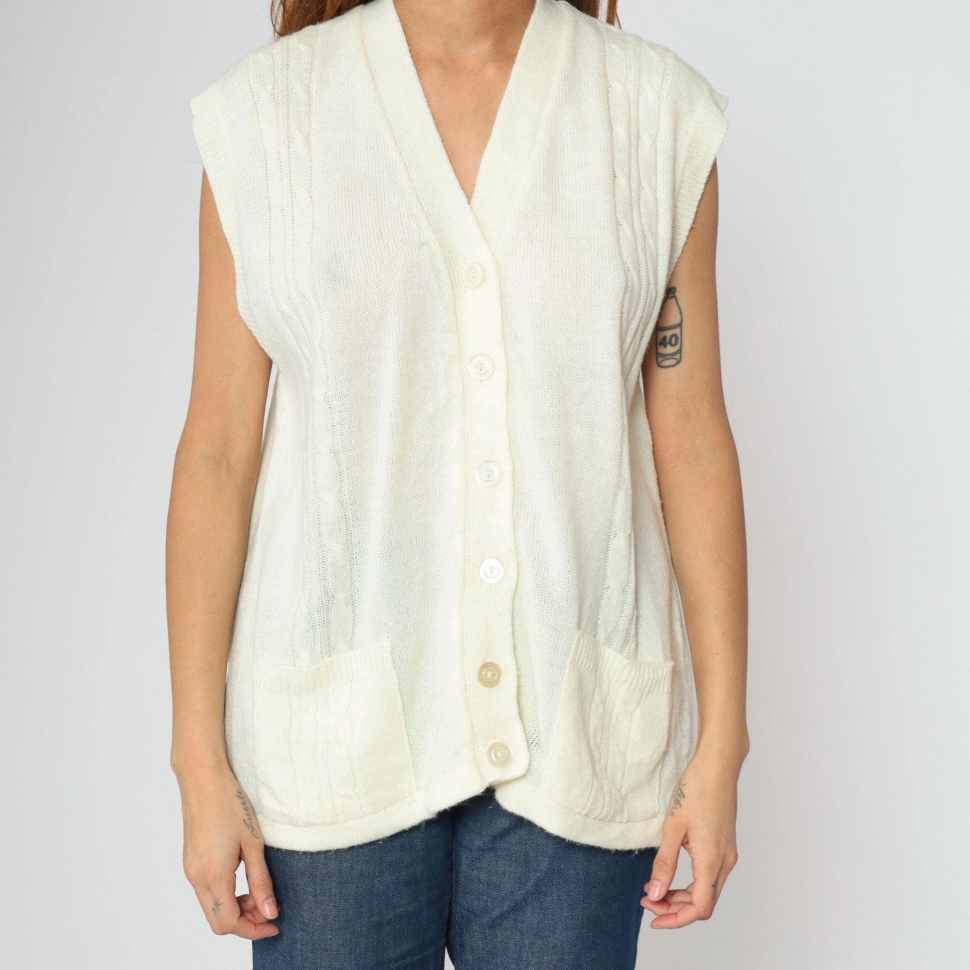 70s Cable Knit Vest Cream V-Neck Sleeveless Sweater Button-Up Large L