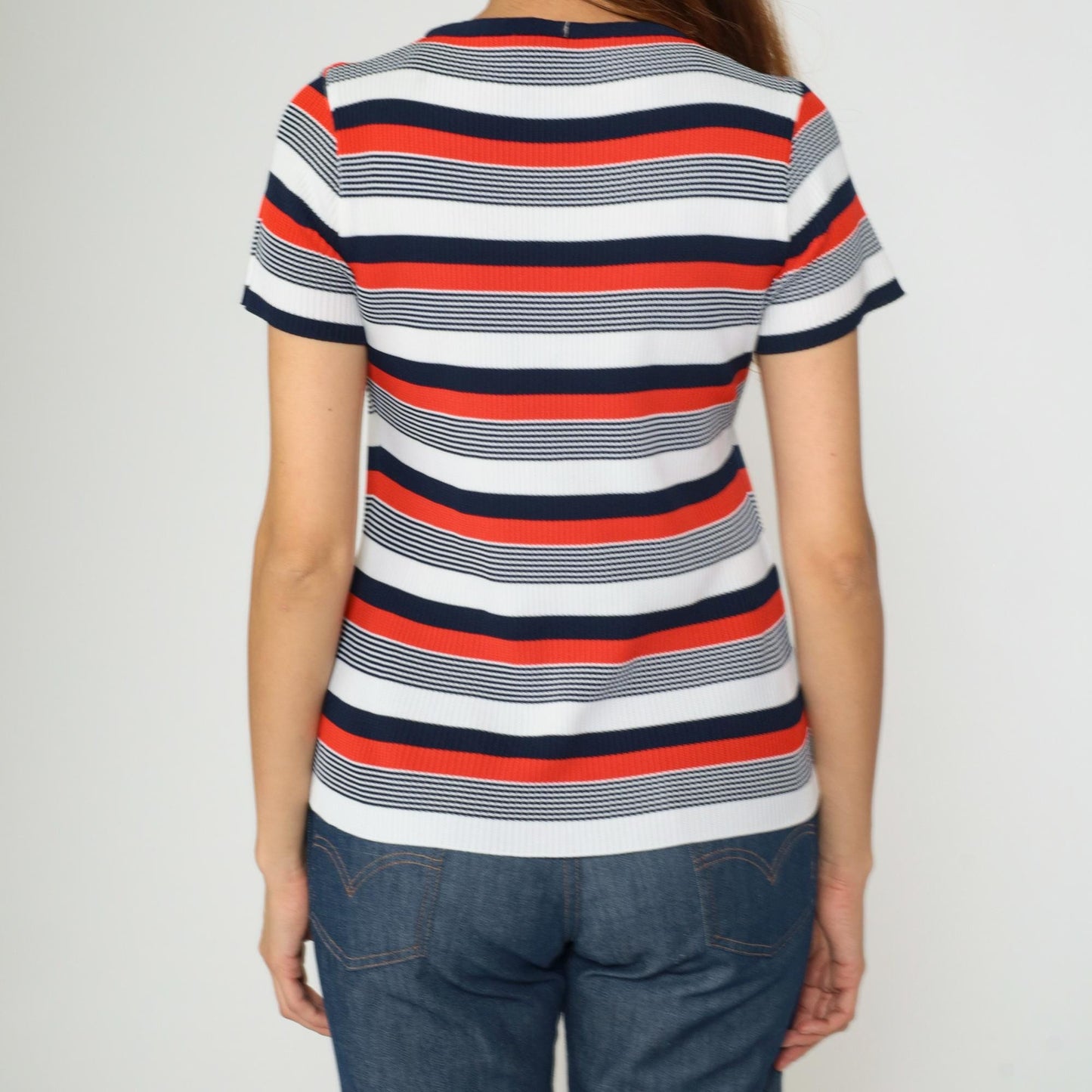70s Striped Keyhole Neck Blouse Red White Navy Short Sleeve Small Medium
