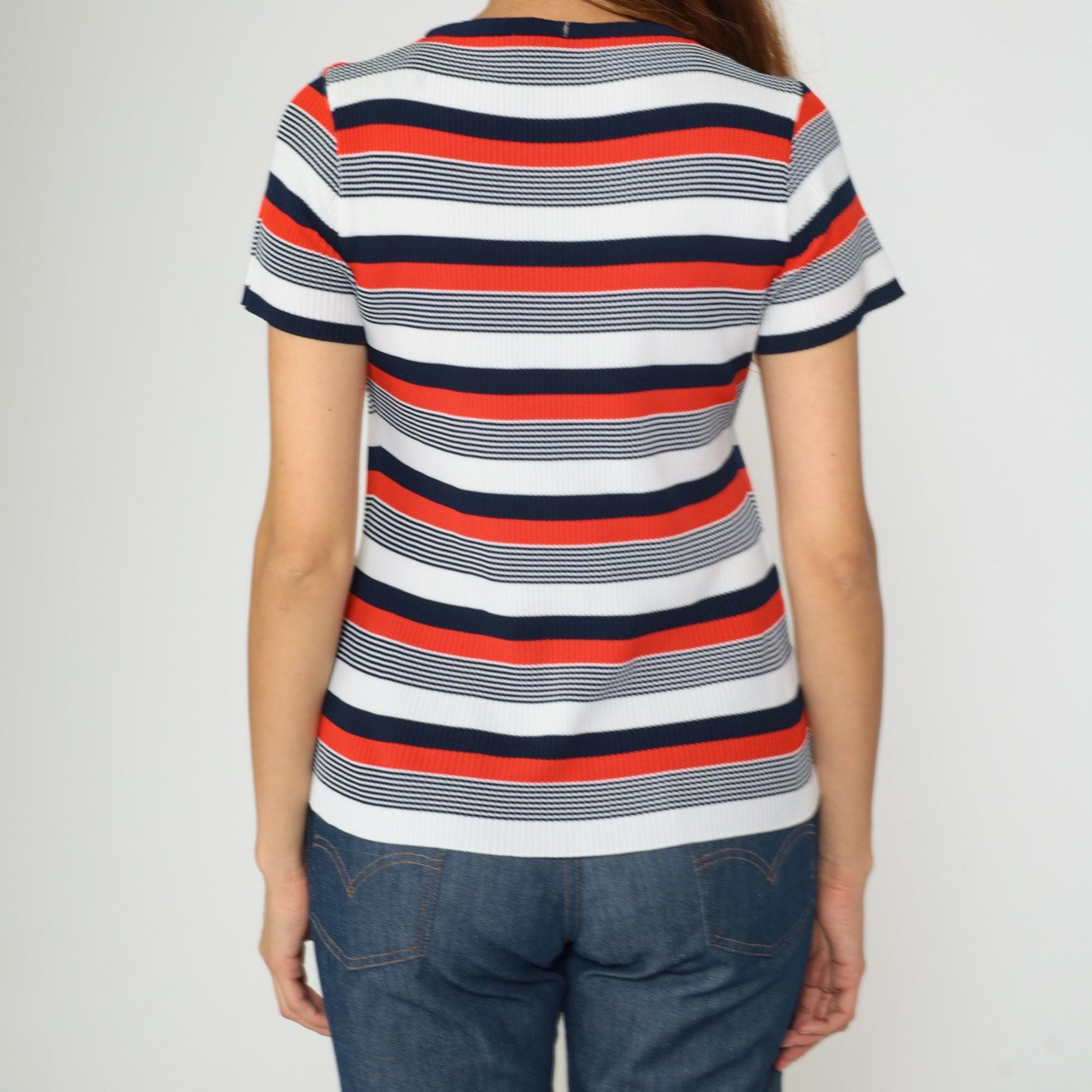 70s Striped Keyhole Neck Blouse Red White Navy Short Sleeve Small Medium