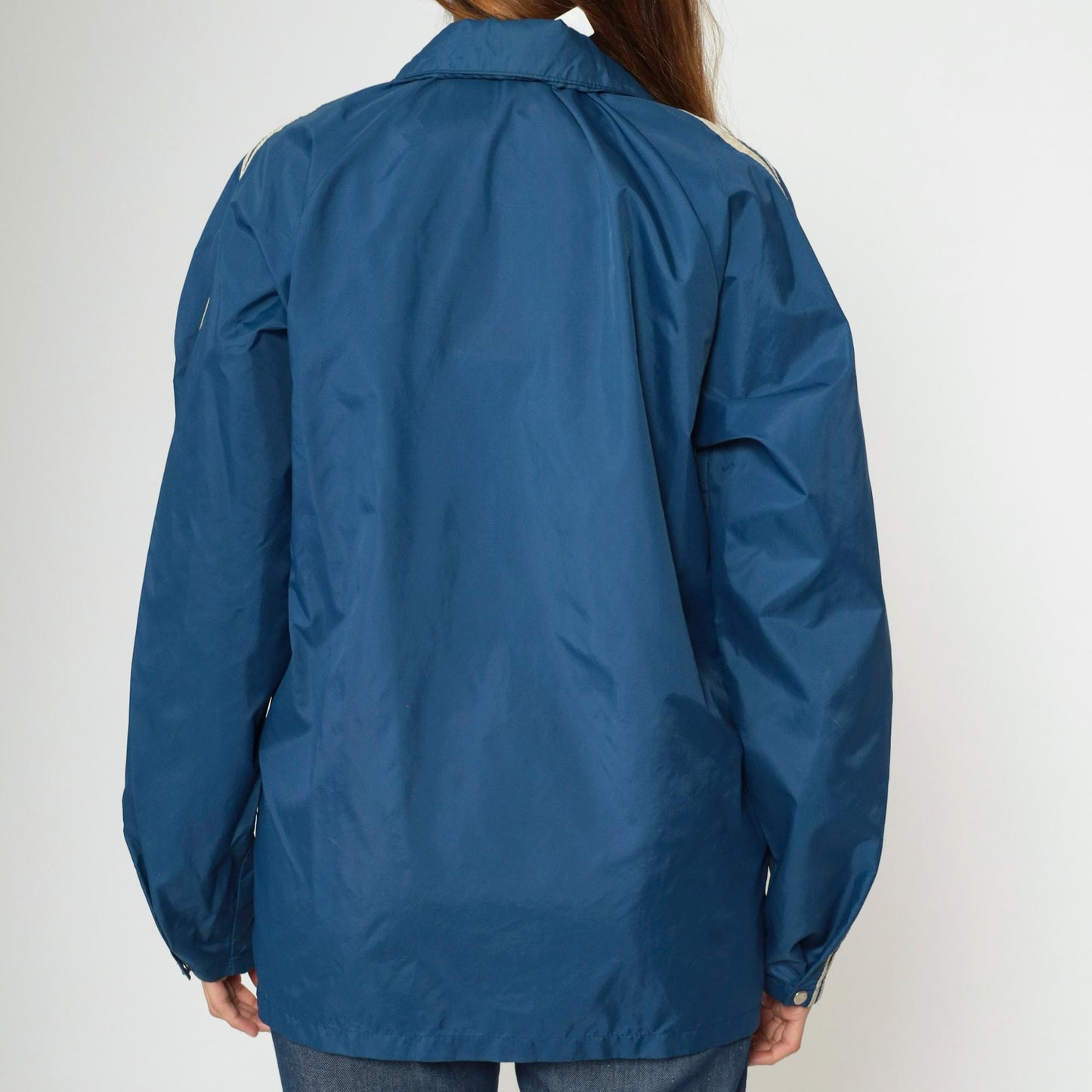 70s Windbreaker Jacket Dark Blue White Striped Raglan Zip Unisex Medium Large
