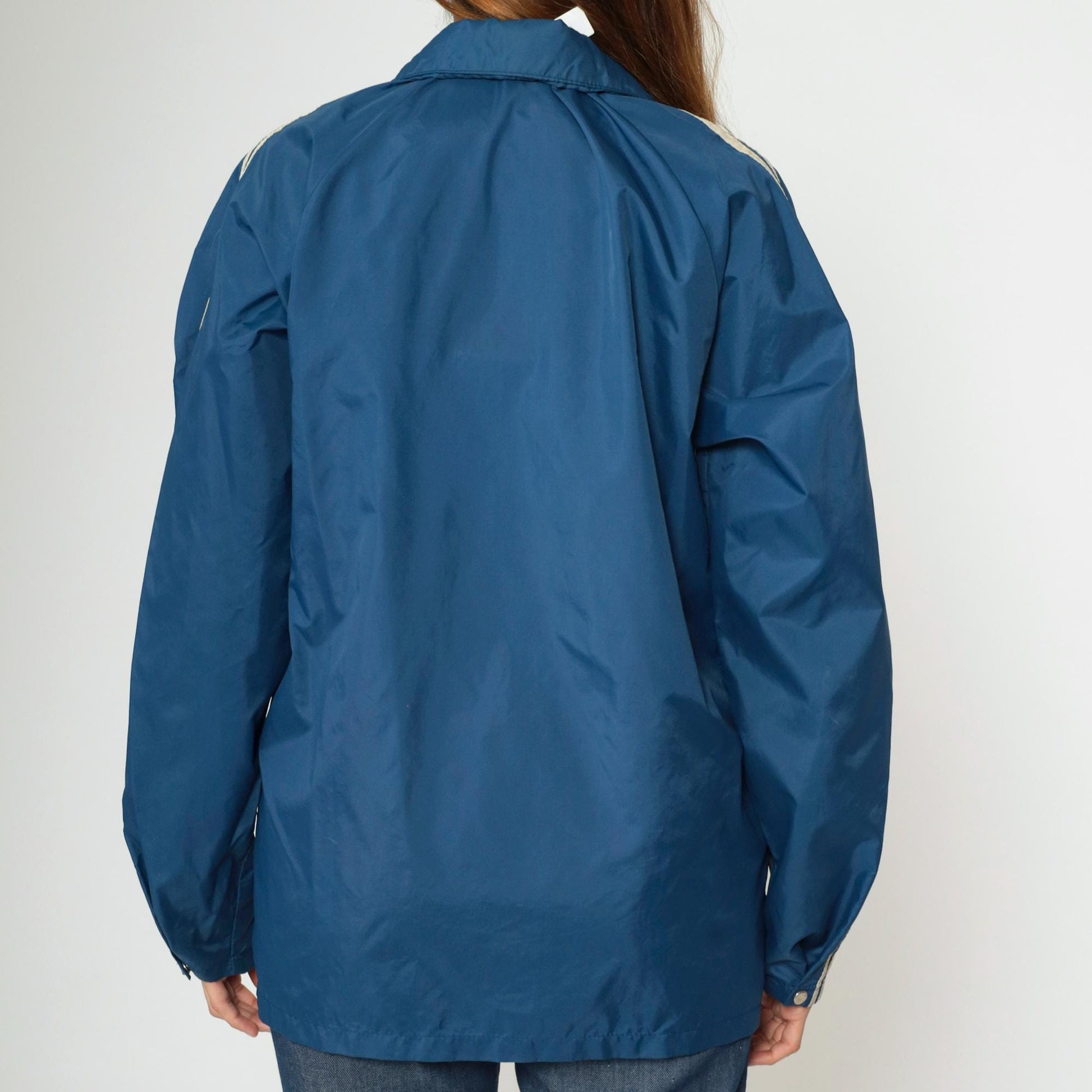70s Windbreaker Jacket Dark Blue White Striped Raglan Zip Unisex Medium Large
