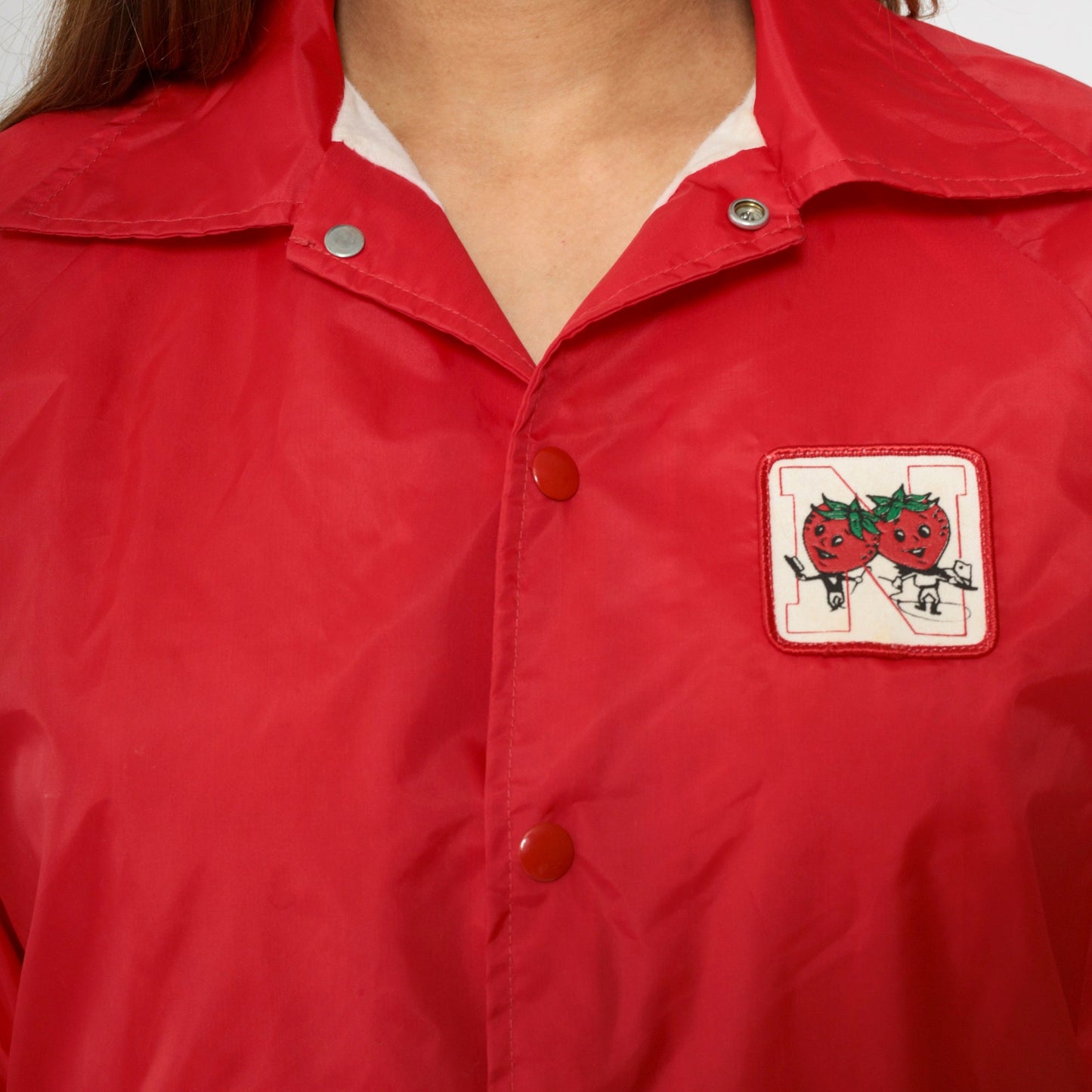 70s Red Windbreaker Jacket Snap Button N Strawberry Patch Small