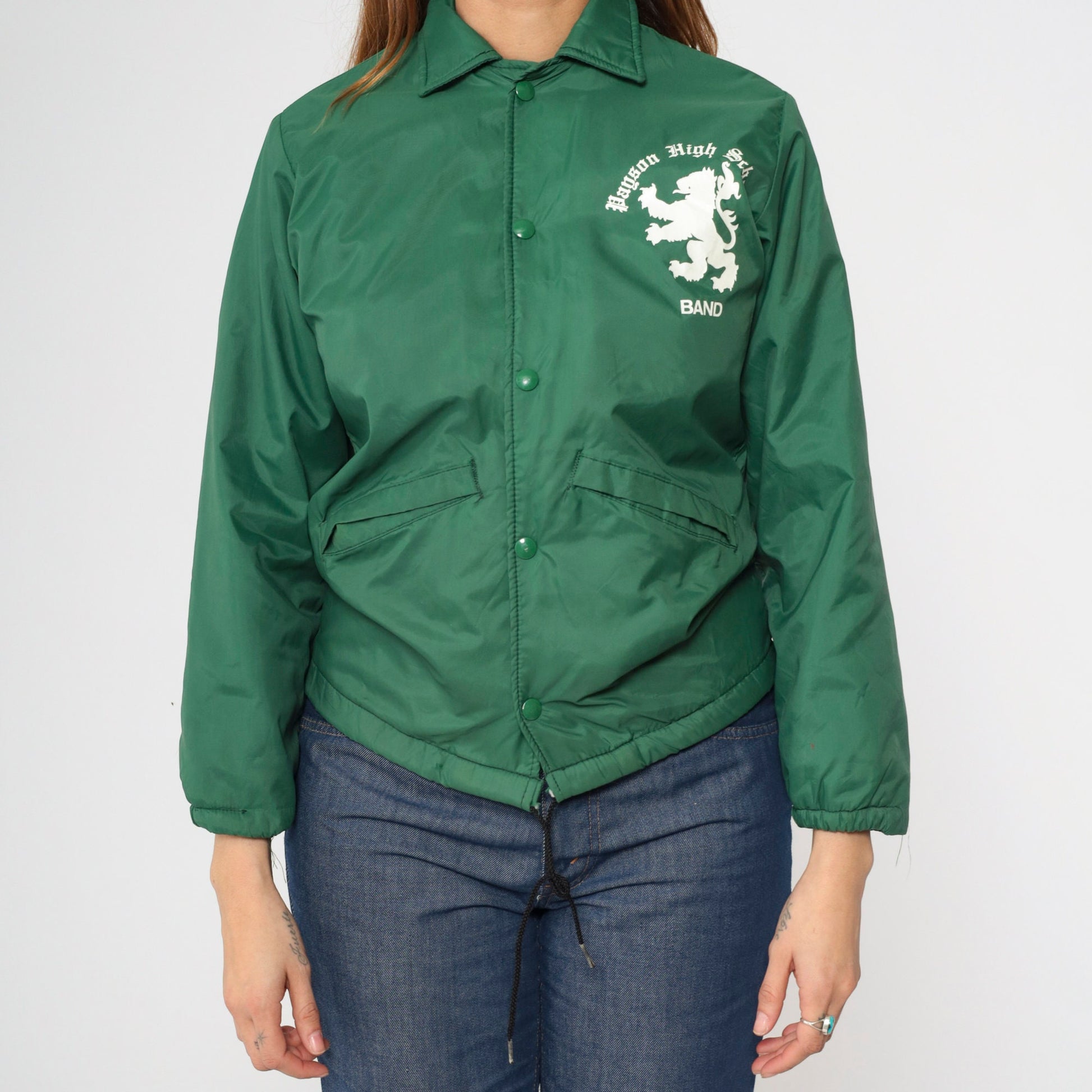 70s Payson High School Band Windbreaker Green Nylon Fleece Lined Youth Large