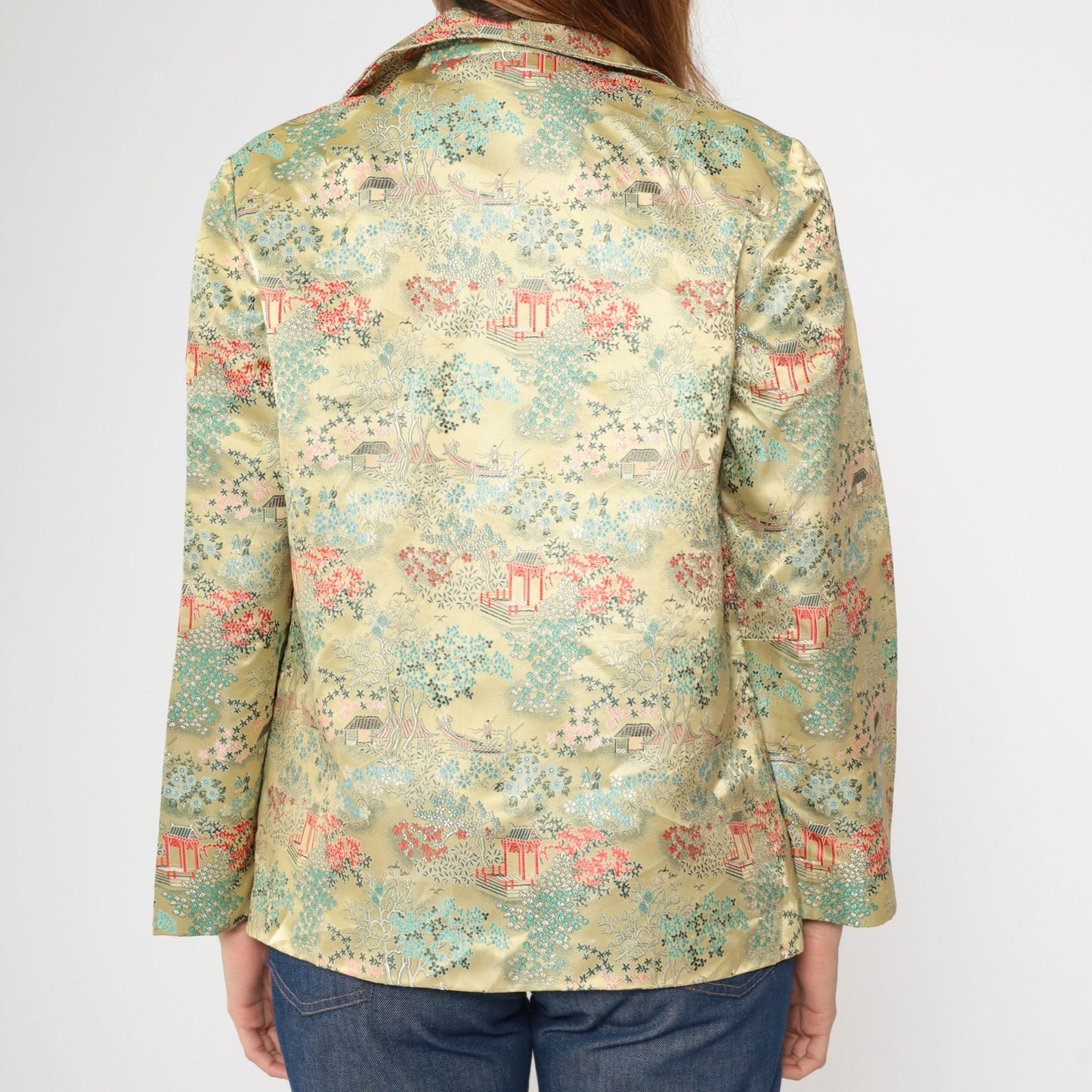 80s Asian Landscape Satin Blazer Yellow Pagoda Print Notched Collar Medium