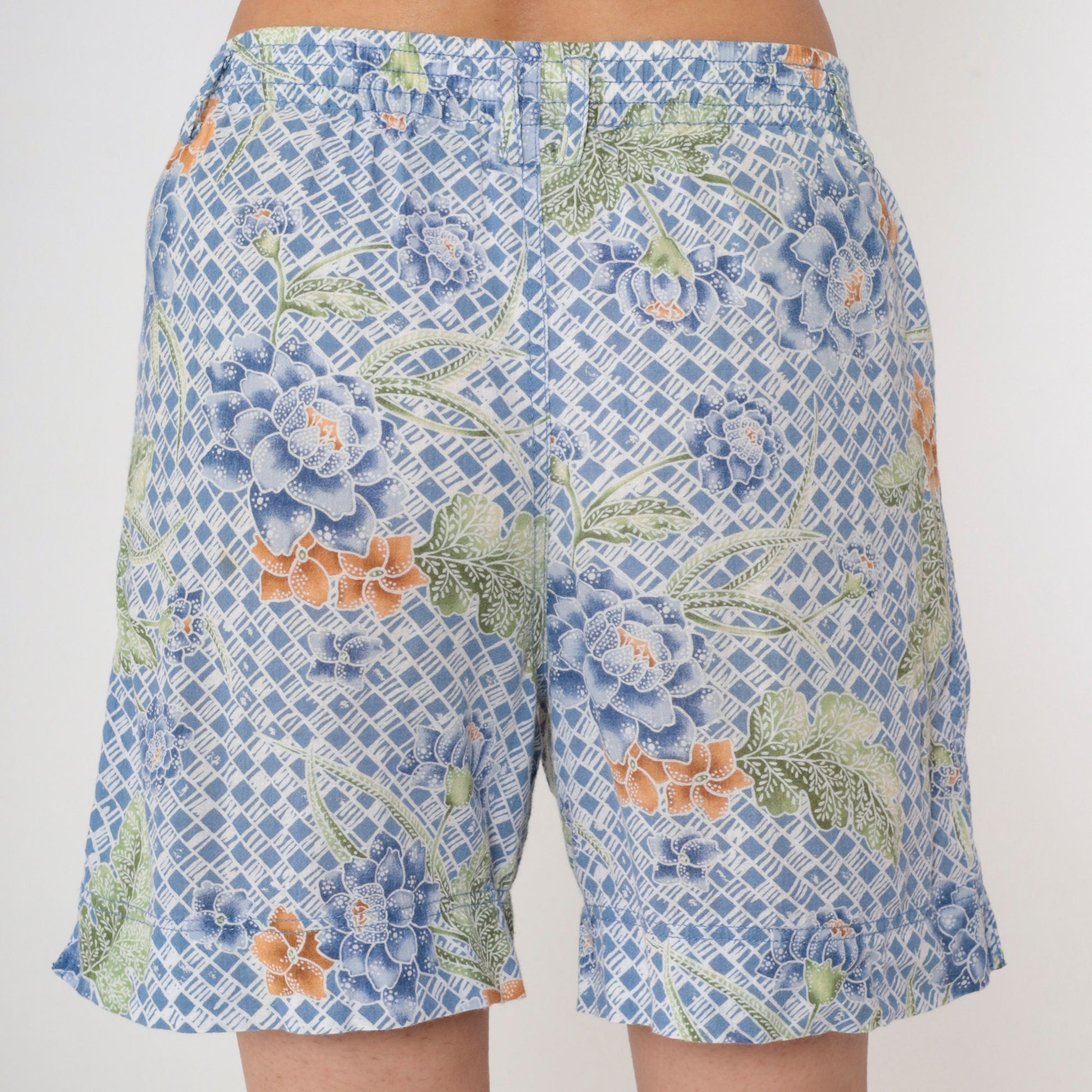 90s Lizwear Batik Floral Shorts Blue Cotton High Waist Small