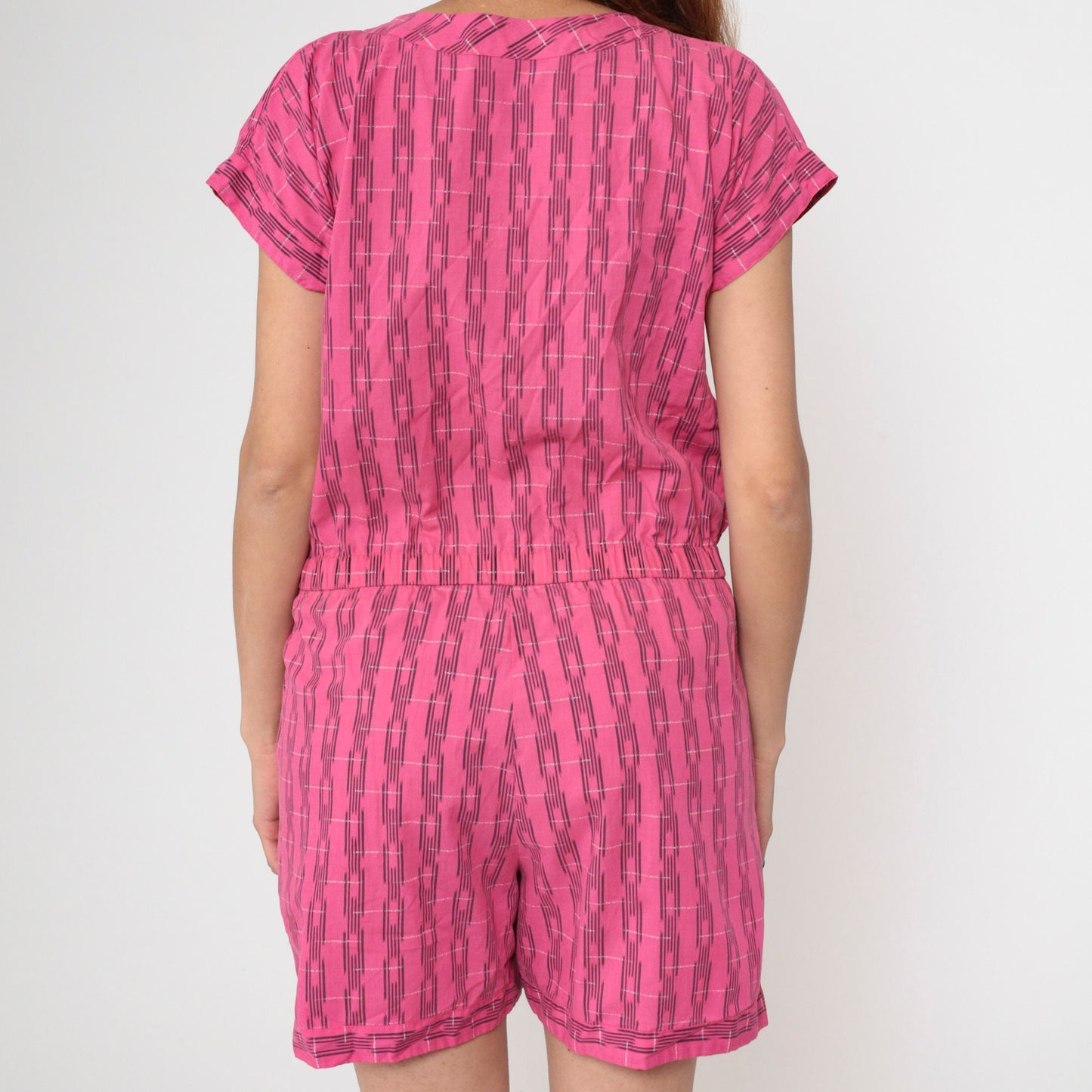 80s Bentley Pink Plaid Romper Button Front Short Sleeve Medium Large