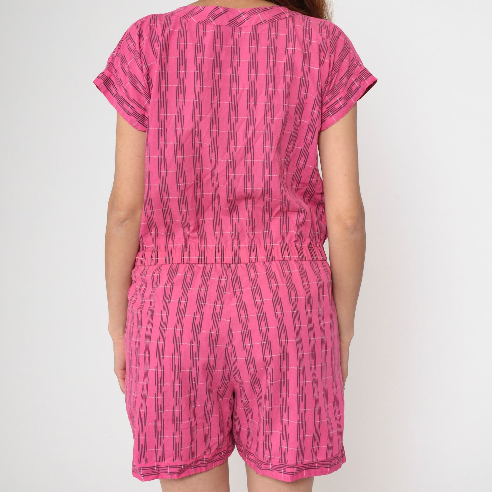 80s Bentley Pink Plaid Romper Button Front Short Sleeve Medium Large