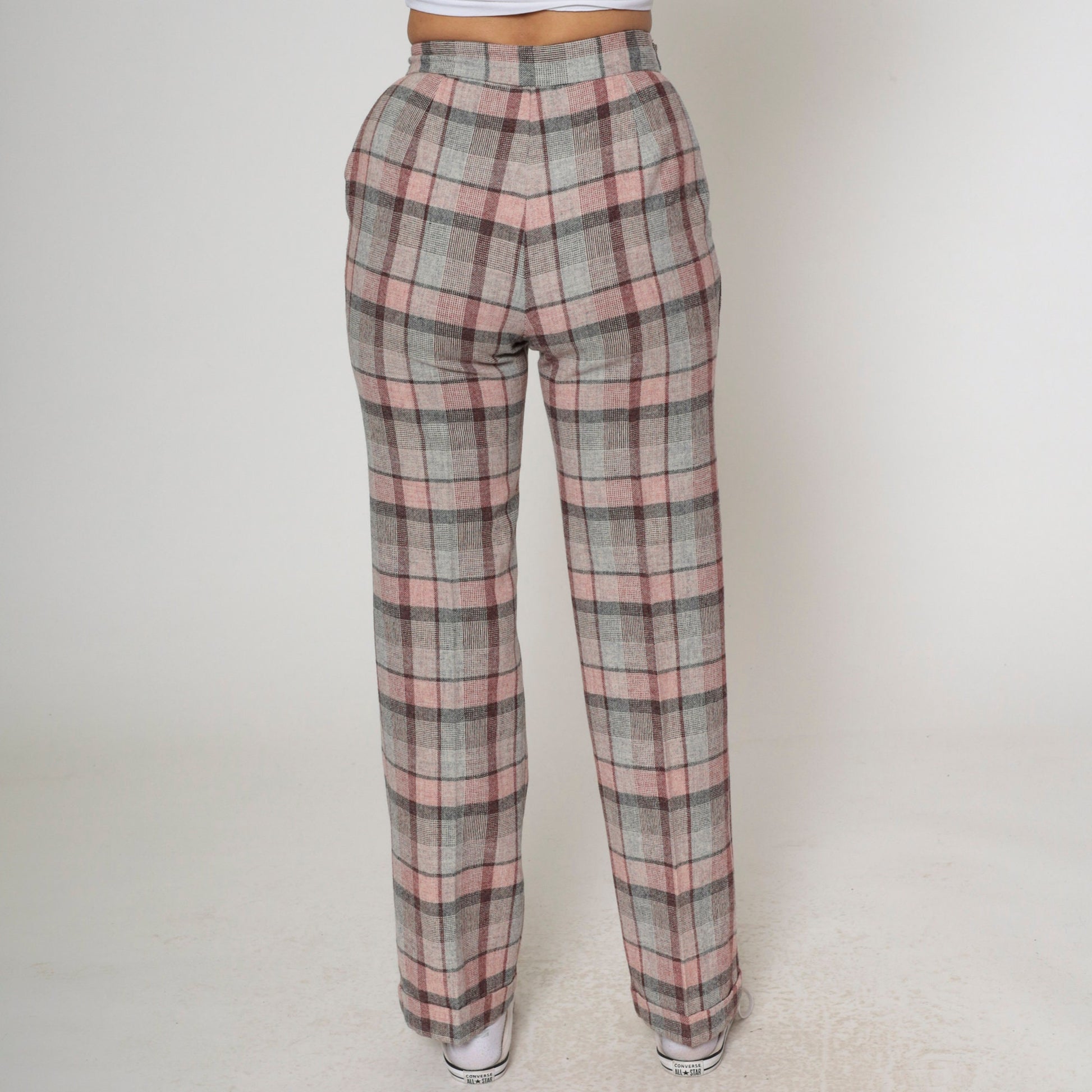 70s The Limited Plaid High-Waisted Trousers Pink Grey Wool Blend Small