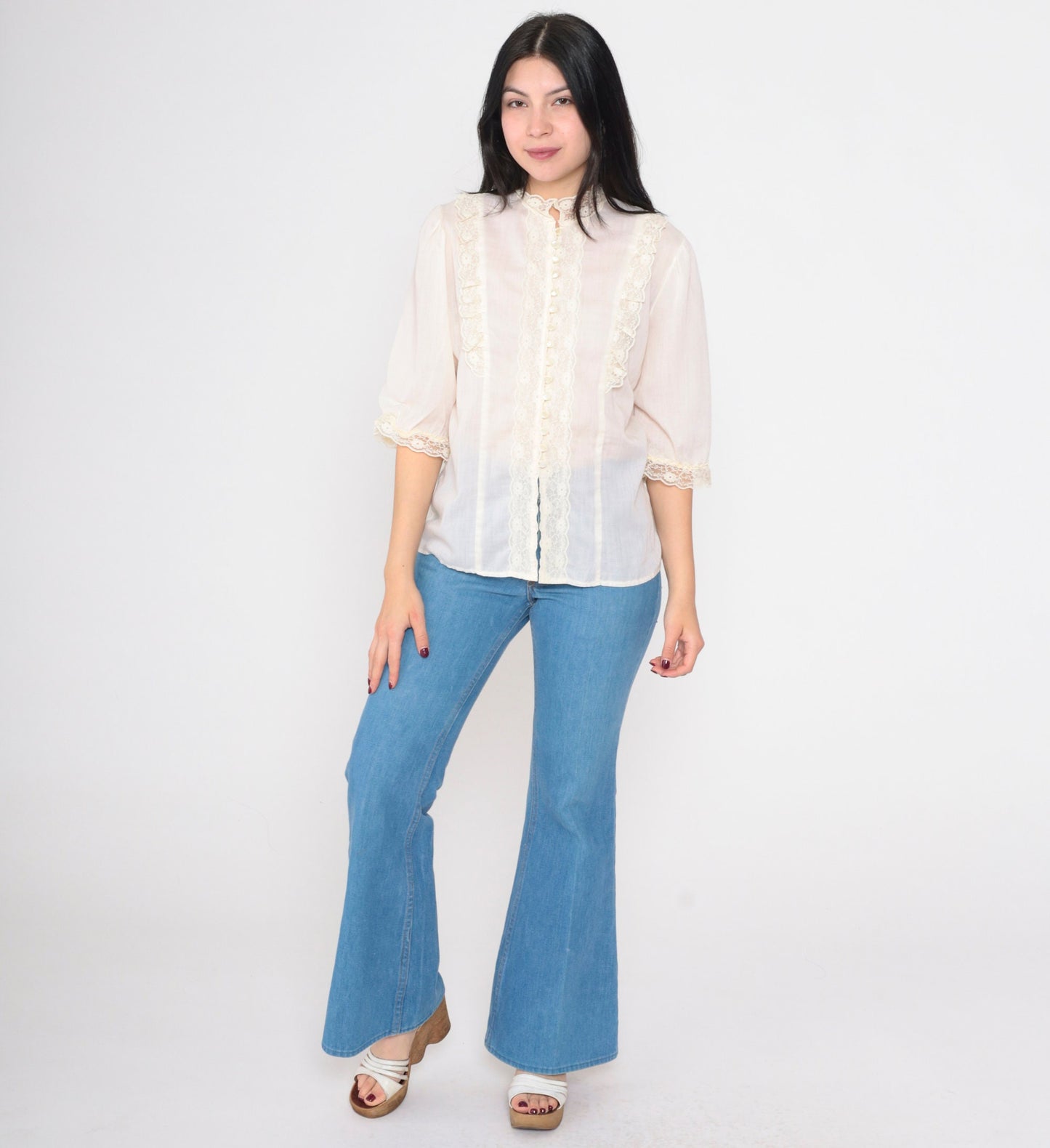 70s Sheer Ivory Lace Blouse Puff Sleeve Pearl Button Up Medium