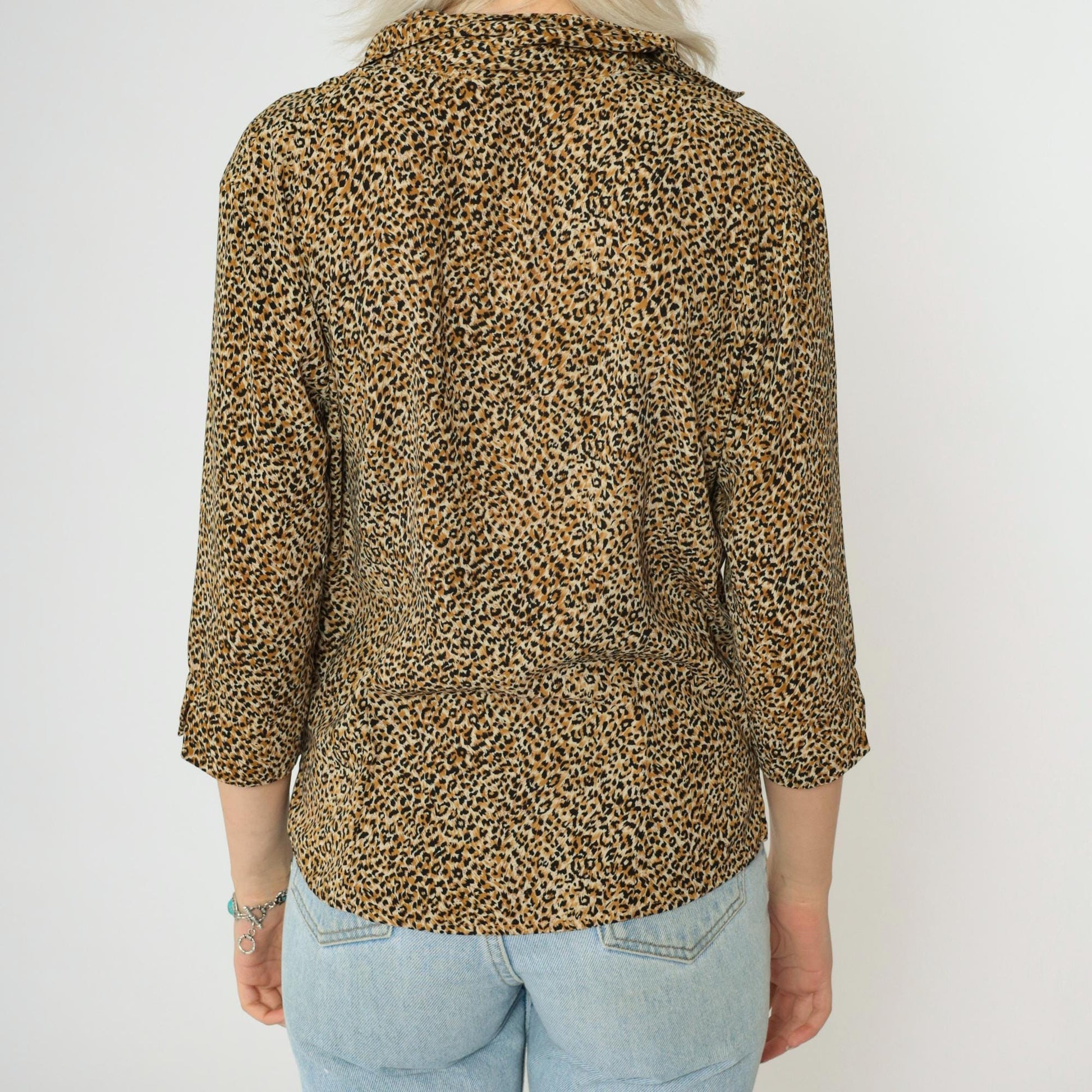 90s Leopard Print Button Up Blouse 3/4 Sleeve Shirt Small Medium