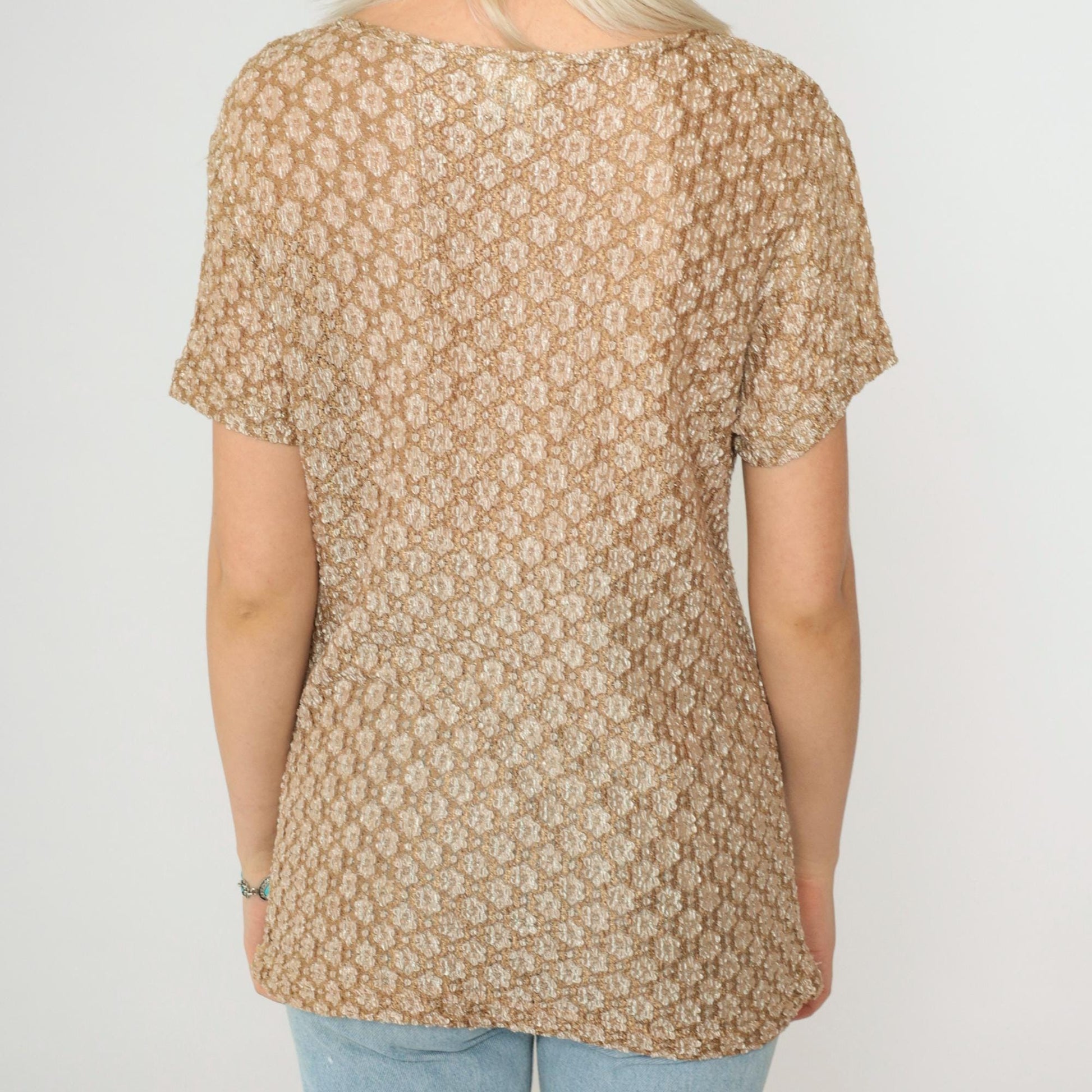 90s Clio Floral Lace Blouse Tan Short Sleeve Scoop Neck Medium