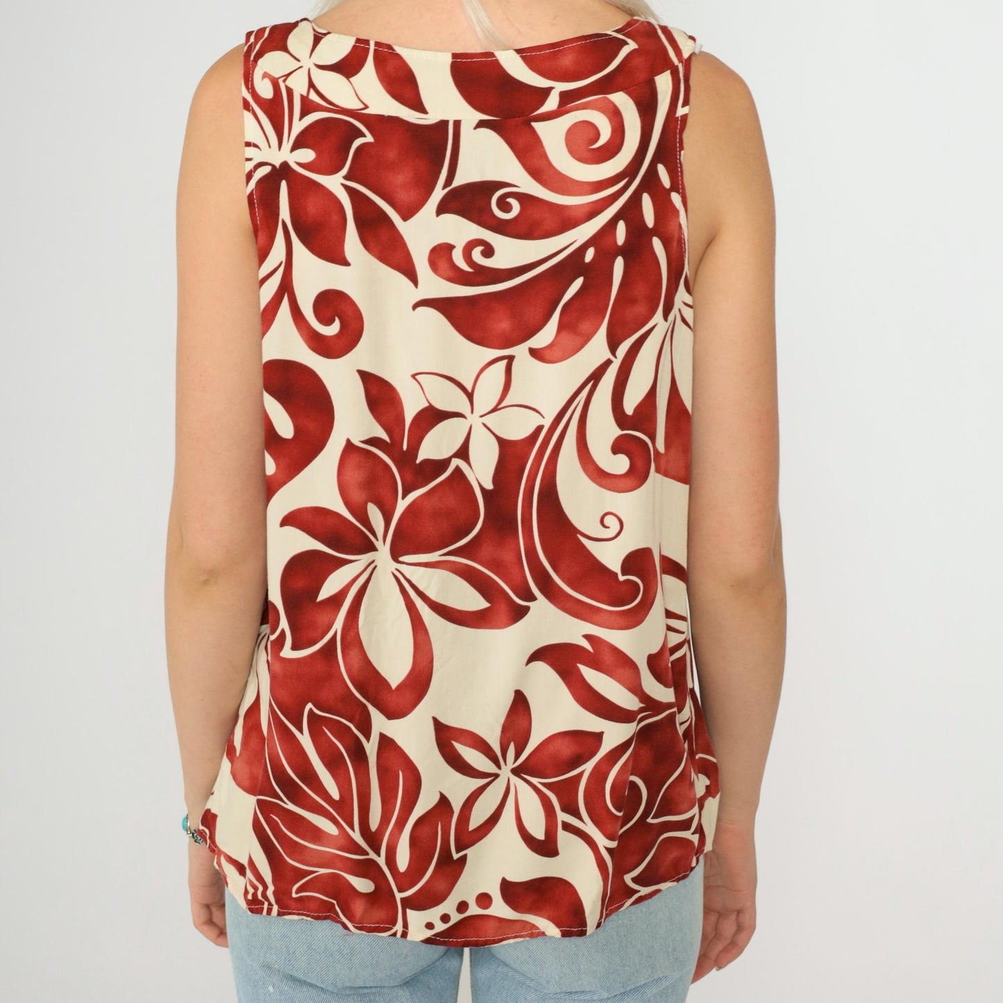 90s Pumehana Tropical Floral Tank Top Cream Red Hawaiian Sleeveless Medium