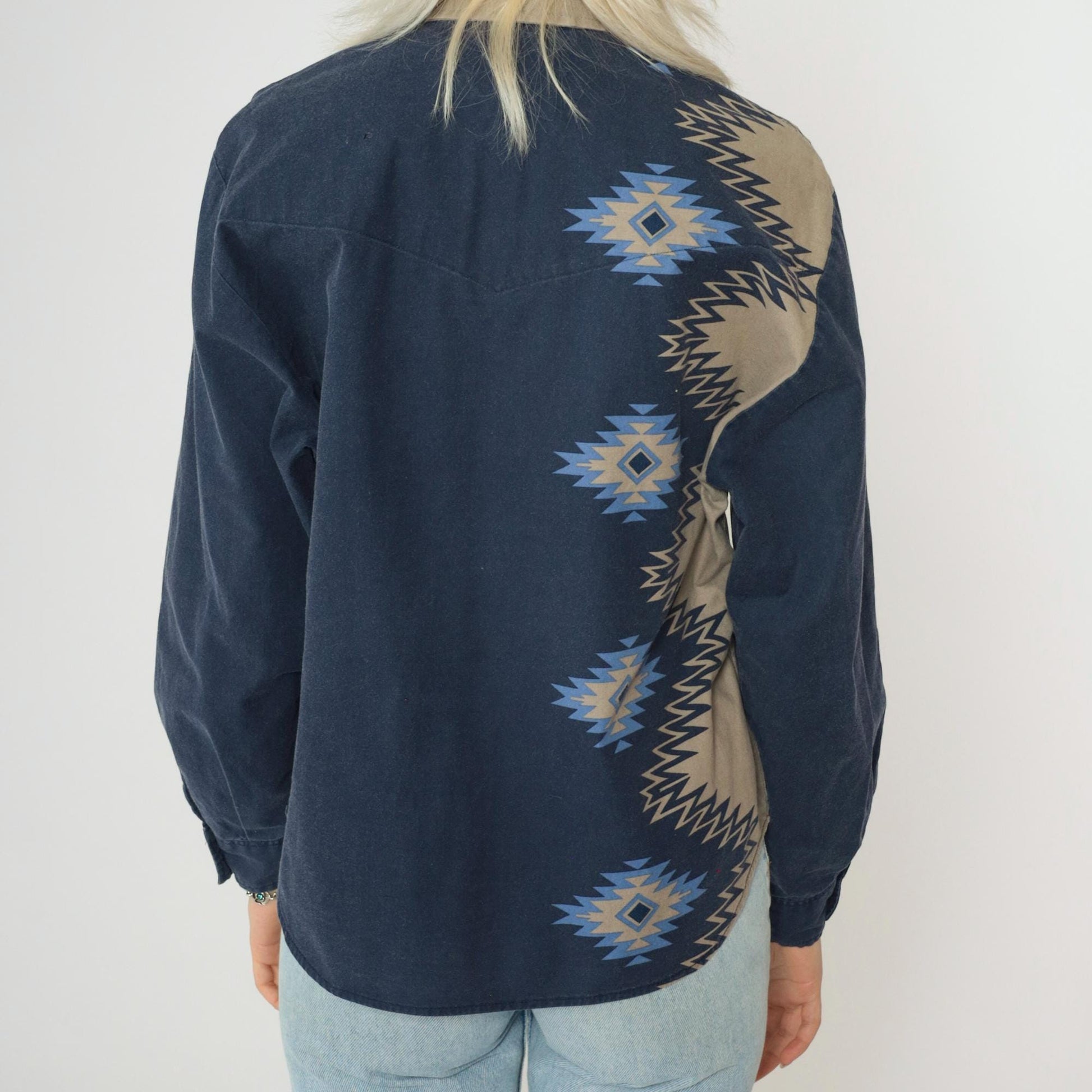 90s Roper Southwestern Navy Button-Up Blouse Striped Navajo Print Small