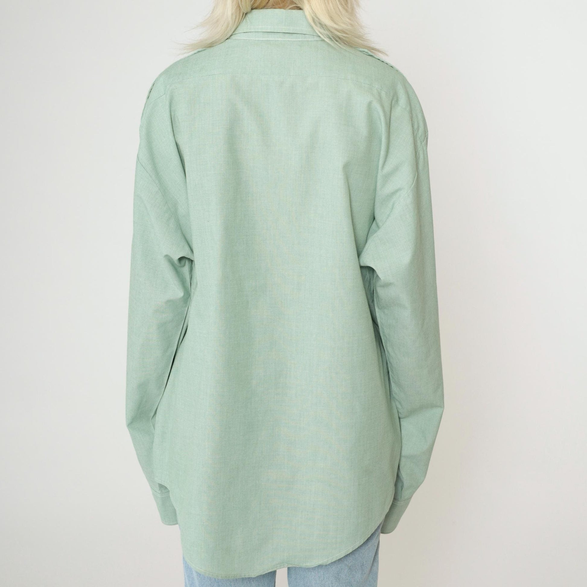 00s Light Green Button-Up Shirt Oxford Collar Long Sleeve Work Top XL